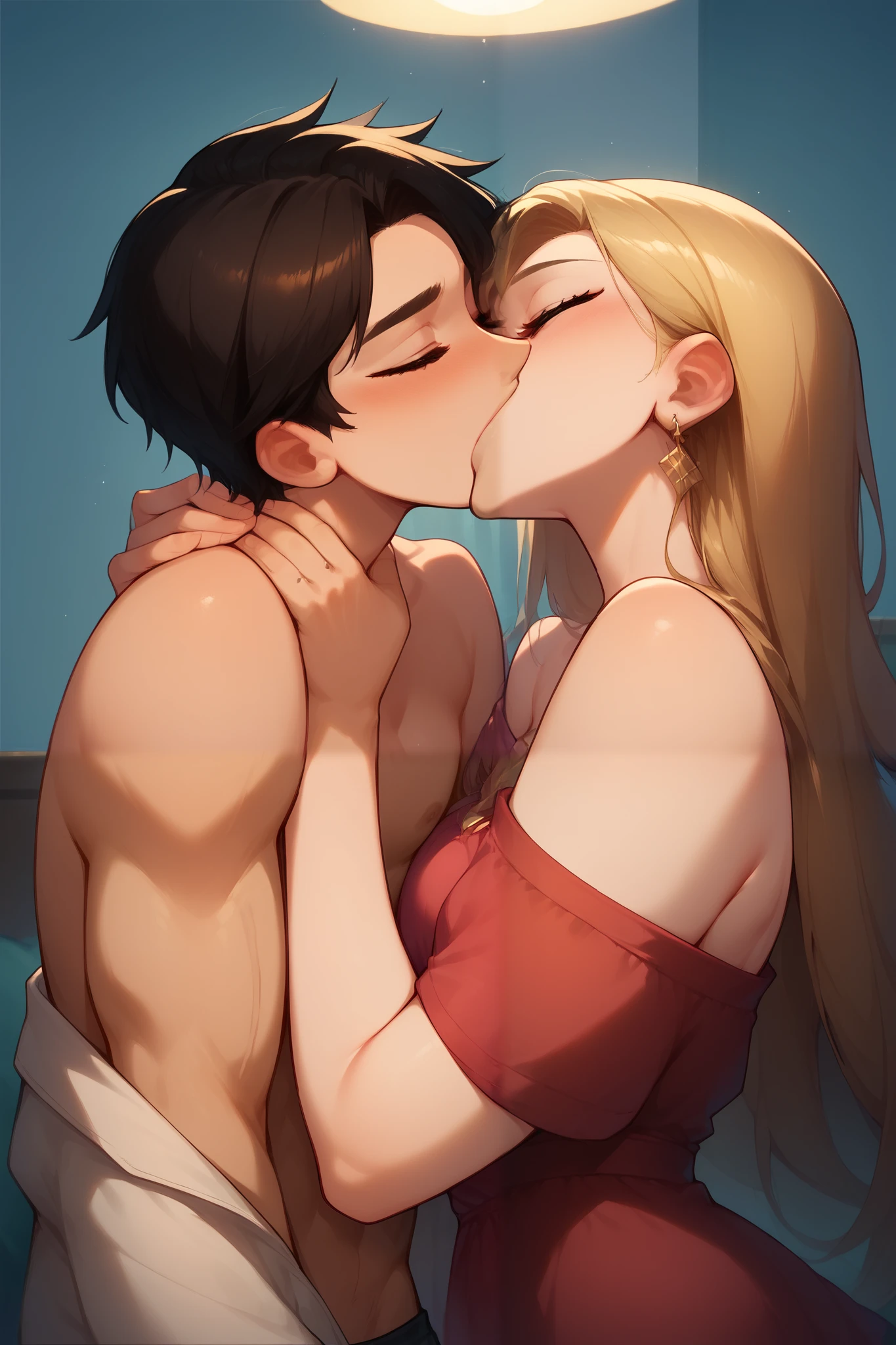 Shirtless boy kissing and making out with a sexy women wearing an off shoulder dress on the bed during night time as the moonlight accentuates their love making