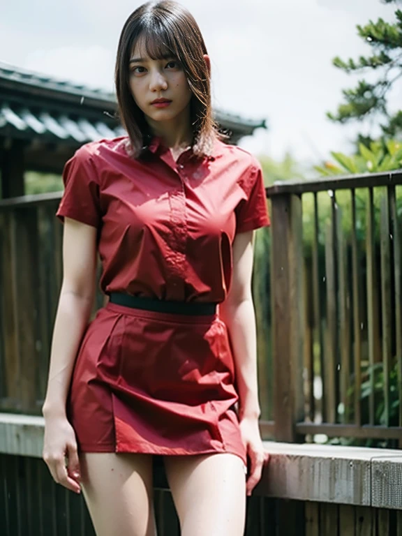 soft light, (((medium hair:1.3), short bangs, Floating hair NovaFrogStyle)), ((The ultimate beautiful Japanese wife)), 20th generation, detailed eye, (Big eyes:1.3), lip details, very detailed目と顔, beautifully detailed nose, detailed and beautiful eyes, long eyelashes, light shines on your face, (parted lips:1.2), (beautiful white teeth:1.3), mature face, ((big and full breasts)), realistic face, realistic body, Dense and beautiful thighs, (red blouse:1.3)、(red tight micro miniskirt:1.4)、The chest is wide open、The whole body to the toes、stockings、(cowboy shot:1.3), ((Depth of the bounds written))、With background:((Ginza town, Tokyo))、(Raw photo, highest quality), (realistic, Photoreal:1.3), table top, very delicate and beautiful, very detailed, nffsw, unity , 2k wallpaper, wonderful, small details, light smile, Highly detailed ticker unity 8k wallpaper, huge file size, Super detailed, High resolution, absurd,