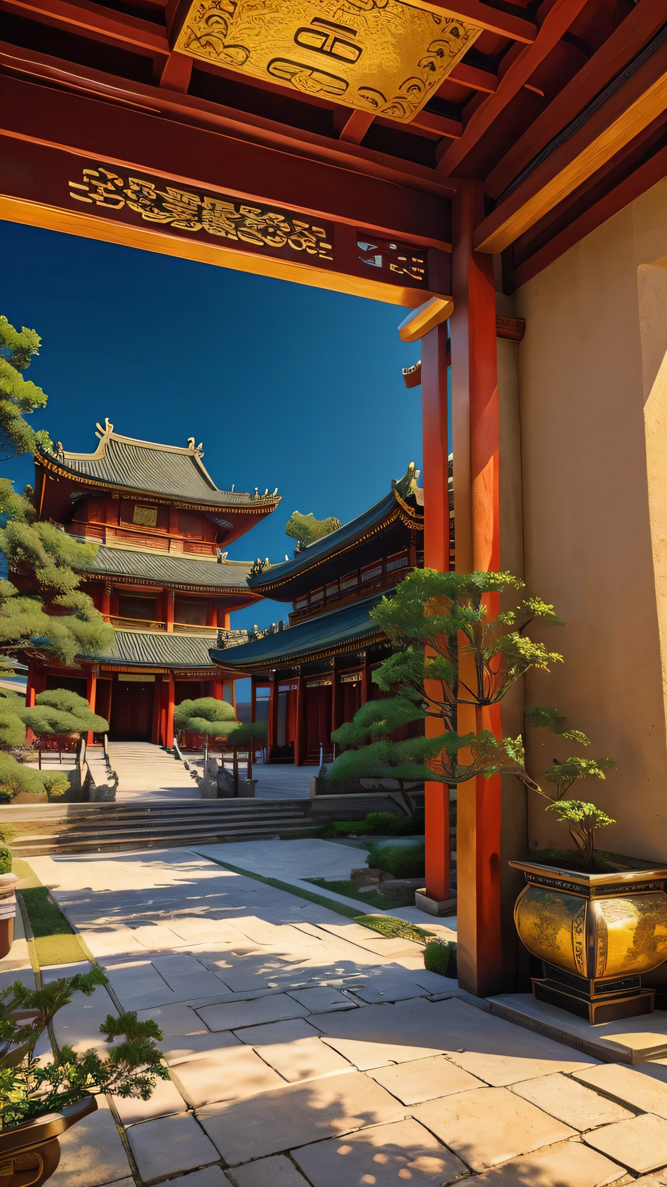 in high-definition images、Panoramic Paintings , spectacular images , Ancient Chinese Architectural Temples , Exquisite Interior Decor , Depth of field effect , Imaginative, fantasy, High End Color Matching , Magnificent Scenery of Ancient Chinese Architecture , Spectacular , Four Corners, 16k、Big Komainu 。