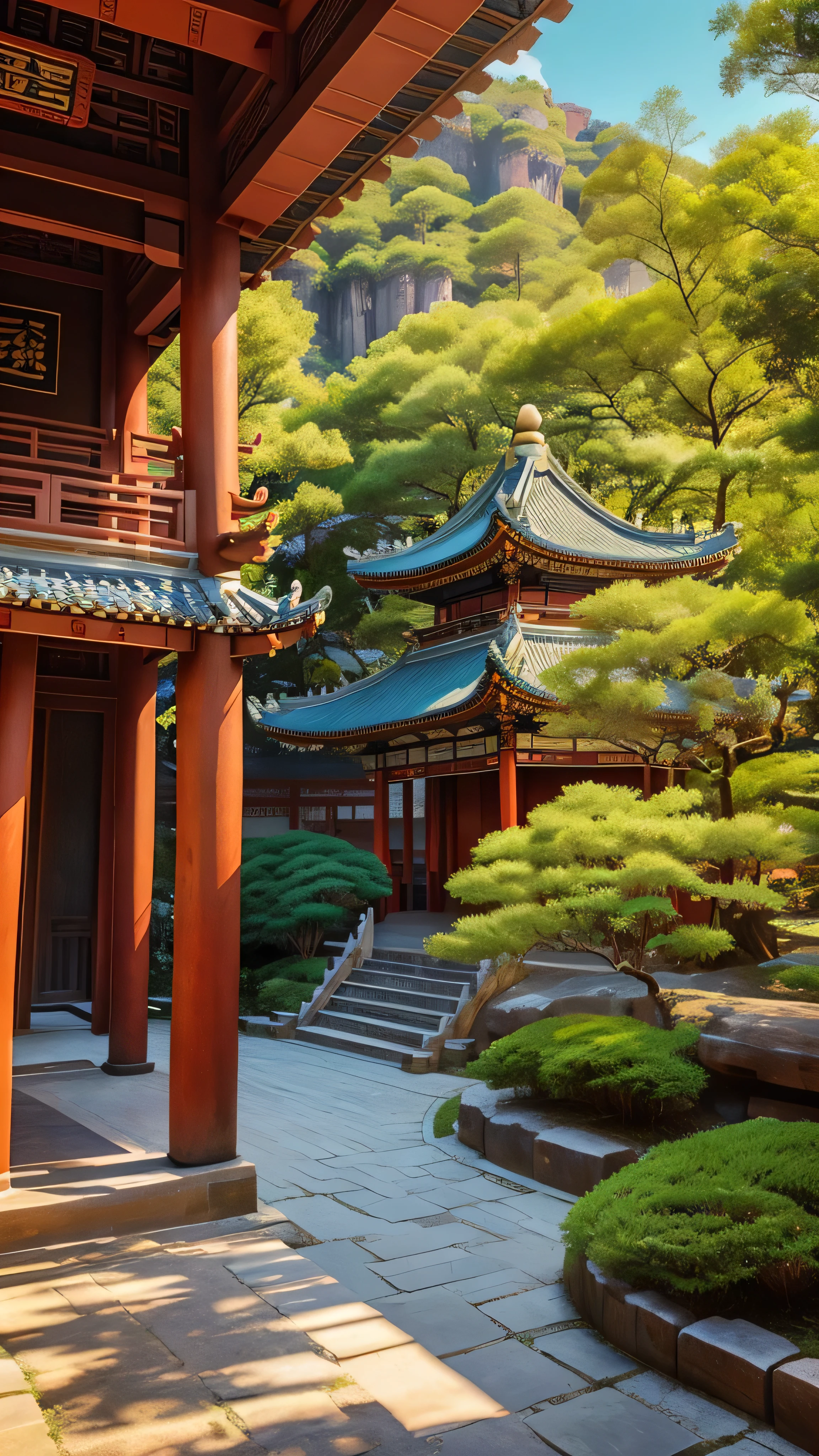 in high-definition images、Panoramic Paintings , spectacular images , Ancient Chinese Architectural Temples , Exquisite Interior Decor , Depth of field effect , Imaginative, fantasy, High End Color Matching , Magnificent Scenery of Ancient Chinese Architecture , Spectacular , Four Corners, 16k、Big Komainu 。