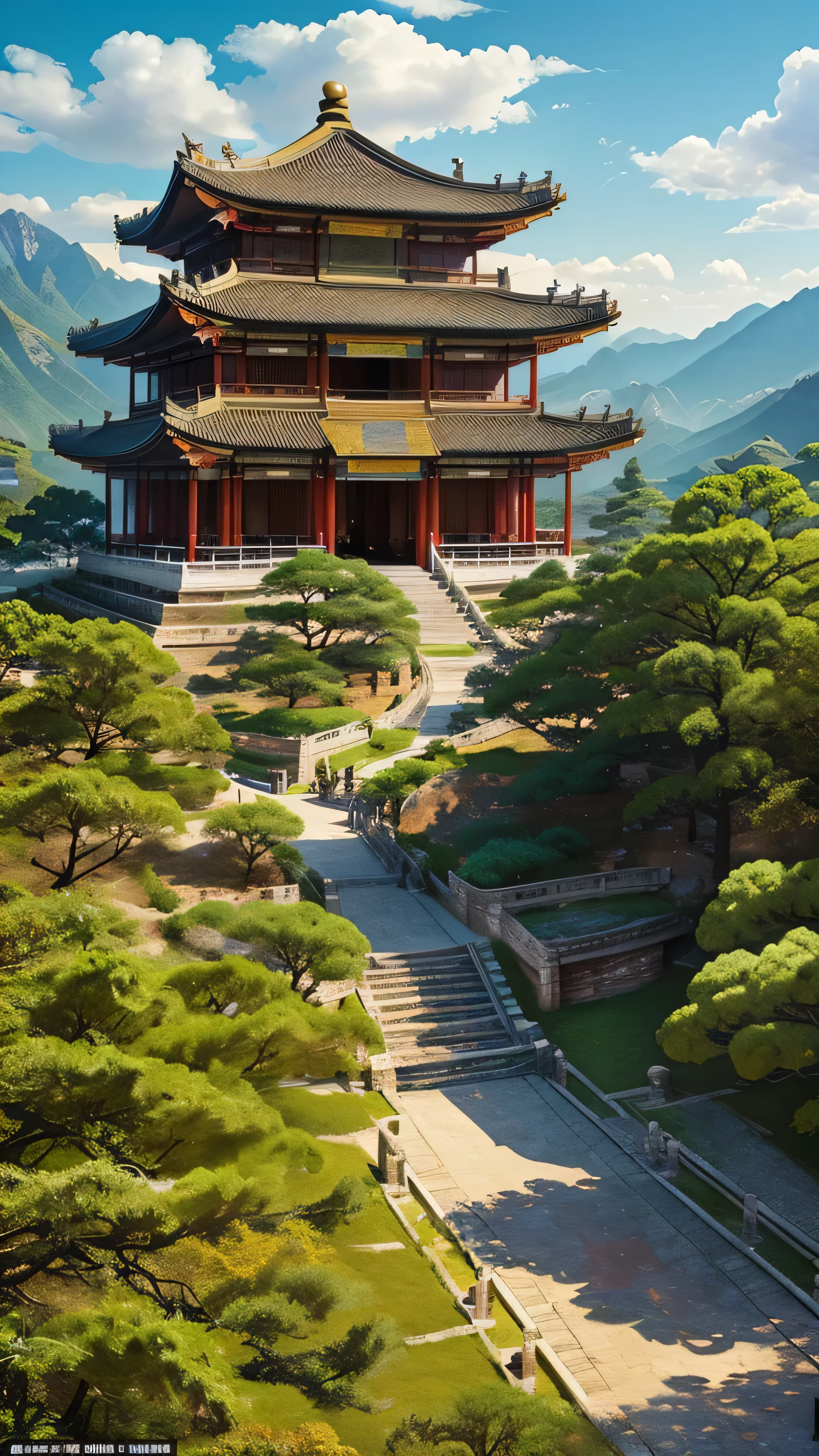 in high-definition images、Panoramic Paintings , spectacular images , Ancient Chinese Architectural Temples , Exquisite Interior Decor , Depth of field effect , Imaginative, fantasy, High End Color Matching , Magnificent Scenery of Ancient Chinese Architecture , Spectacular , Four Corners, 16k、Big Komainu 。