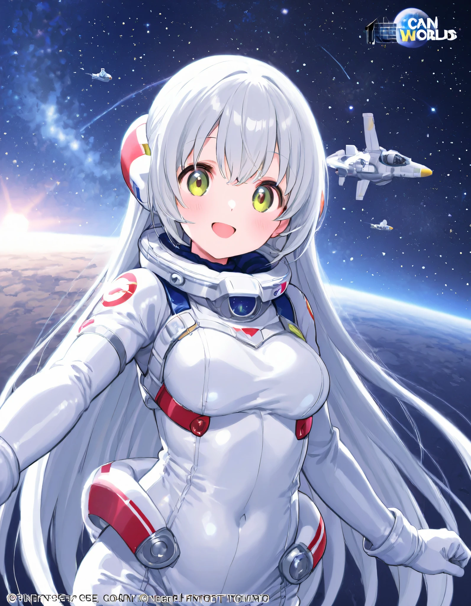 long silver hair、smile、青いI can see the Earth、I can see the moon too 、Doing a spacewalk、anime girl in white and blue spacesuit 、Countless Stars、I can see the Earth、Mysterious Universe、 fantasy space worlds 、 spaceships are flying 、 artificial satellites are flying too
