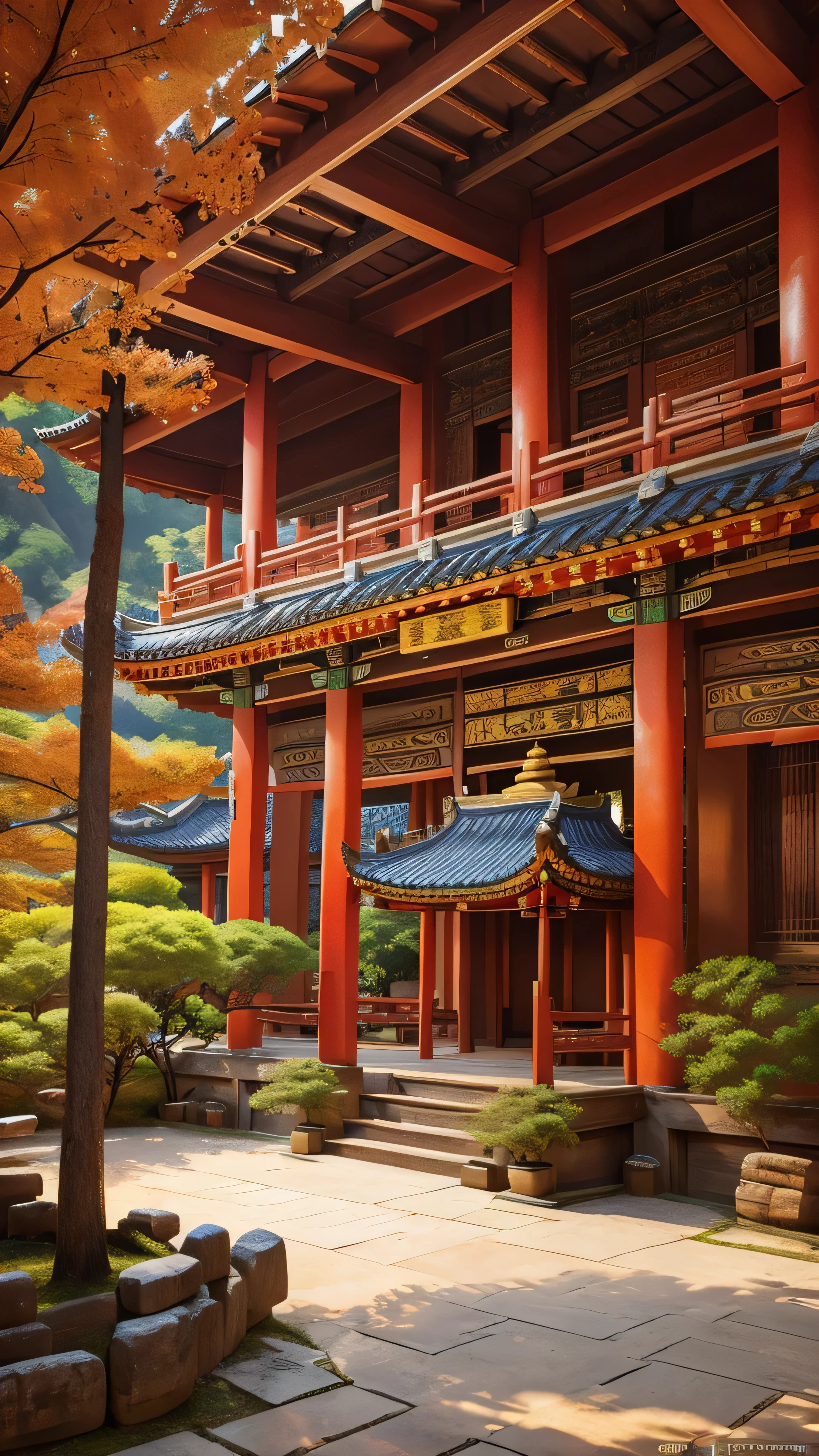  in high-definition images、Panoramic Paintings ,  spectacular images , Ancient Chinese Architectural Temples ,  Exquisite Interior Decor , Depth of field effect  , Imaginative,  fantasy,  High End Color Matching  ,  Magnificent Scenery of Ancient Chinese Architecture ,  Spectacular , Four Corners, 16k、Big Komainu 。