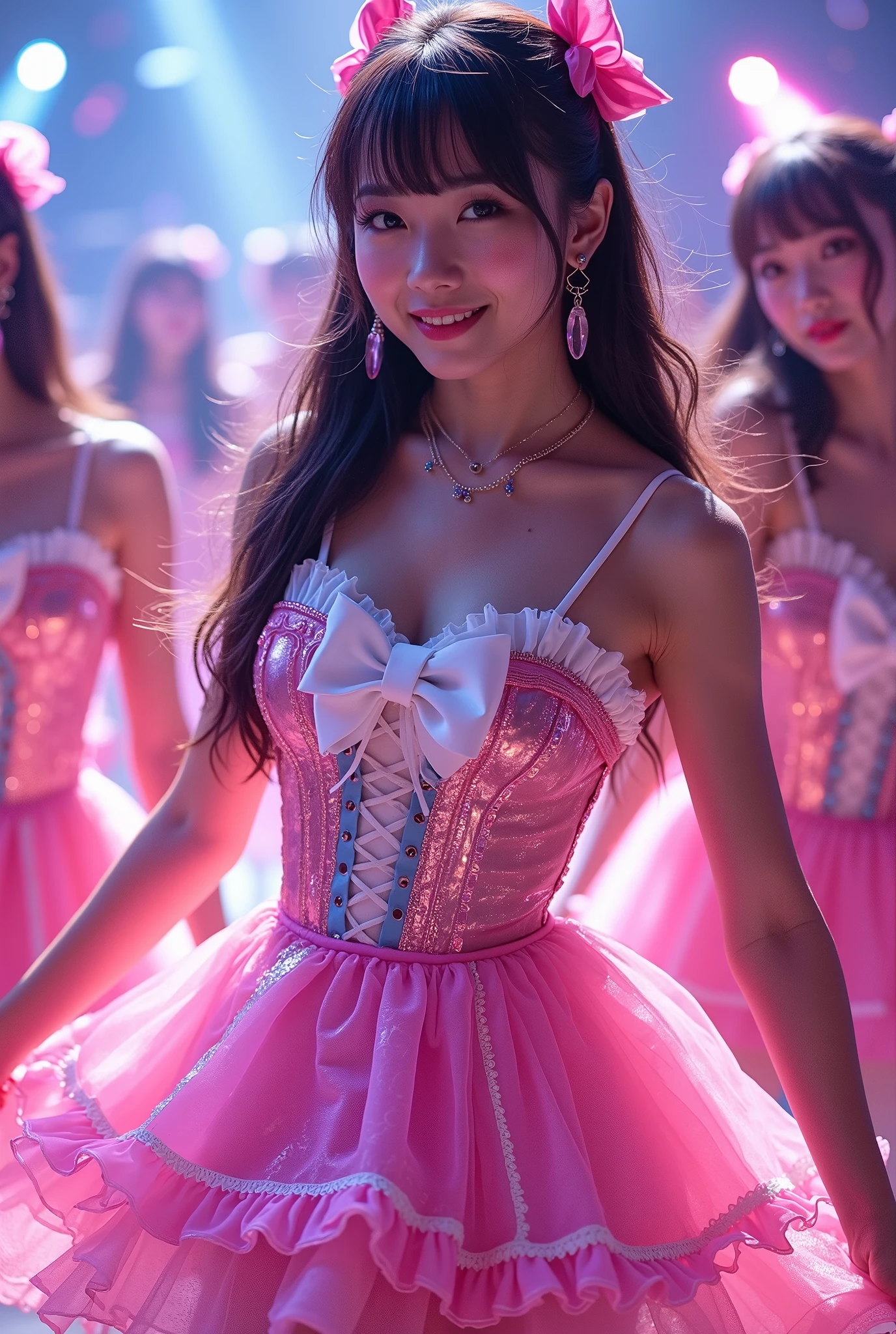a beautiful 4 girls in pink blue aqua and red tight mini house dress, wearing bikini g-string, full body, with female friends, bobbed long hair, bangs hairstyle, high heels, little smile, stylish poses, (best quality,4k,8k,highres,masterpiece:1.2),ultra-detailed,(realistic,photorealistic,photo-realistic:1.37),detailed female eyes,detailed female lips,detailed female faces,intricate details,bright colorful vibrant,dramatic lighting,cinematic composition,fashion editorial,glamorous,elegant,chic