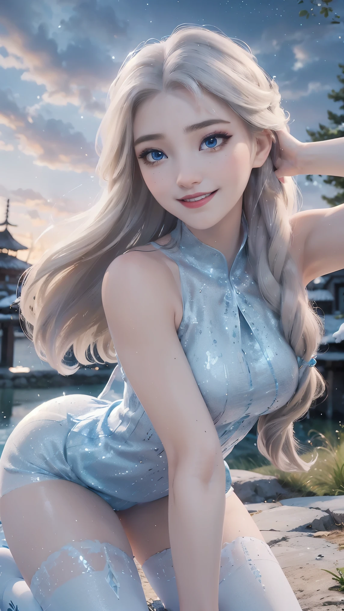 Elsa,(best qualityer,4K,8k,high resolution,work of art:1.2)(weather: sunset), Japanese village background, track road, sleeveless sport top, tight lycra sport shorts, high socks, sneakers, eyeliner, long wavy hair, white hair, ultra detailed, realistic, portrait, beautiful detailed blue eyes, glowing eyes, blush, beautiful detailed lips, extremely detailed eye and face, long eyelashes, sexy, average, large breasts, beaming smile, flirty smile, powerful girl, flexing pose, stunning curves, bright coloured, dramatic lighting, starry skies,
