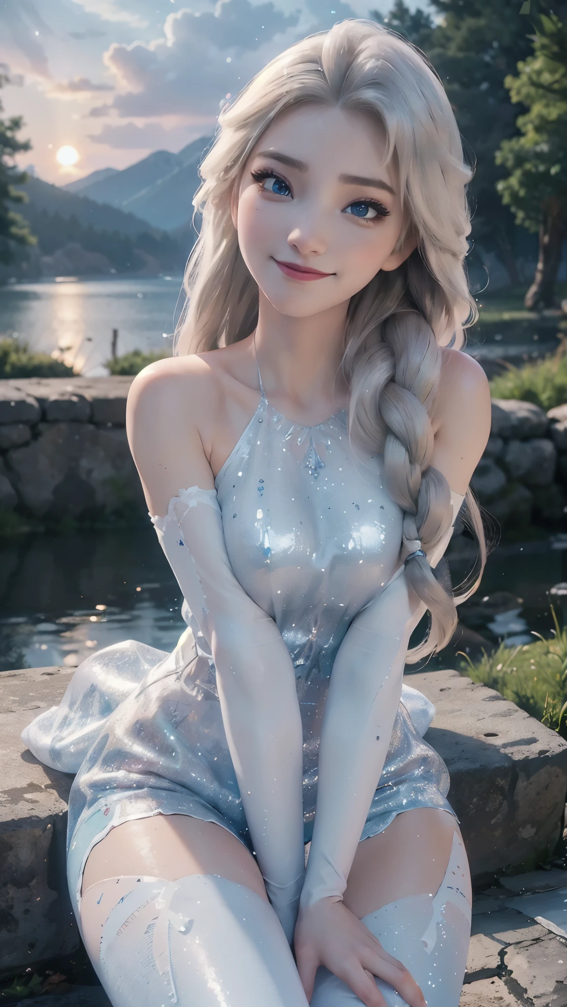 Elsa,(best qualityer,4K,8k,high resolution,work of art:1.2)(weather: sunset), Japanese village background, track road, sleeveless sport top, tight lycra sport shorts, high socks, sneakers, eyeliner, long wavy hair, white hair, ultra detailed, realistic, portrait, beautiful detailed blue eyes, glowing eyes, blush, beautiful detailed lips, extremely detailed eye and face, long eyelashes, sexy, average, large breasts, beaming smile, flirty smile, powerful girl, flexing pose, stunning curves, bright coloured, dramatic lighting, starry skies,