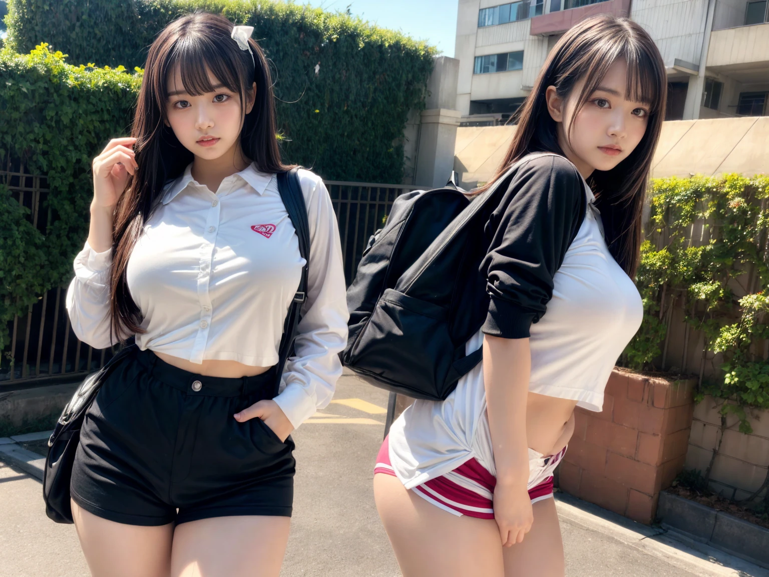 two girls standing in the park,Plain white school gym shirt with navy blue trim,Navy micro mini skirt、Navy blue speed briefs,Red headband,White headband,14 years old,bangs,A small smile,Thighs,knees,bangsのあるショートヘア、Straight Bob Hair,From below,Front light, White panties visible through the skirt、Lift the hem of the skirt with both hands to reveal the panties、(((Dark sunburn、Tanned brown skin、Black skin color)))、(Dark brown skin:1.)
