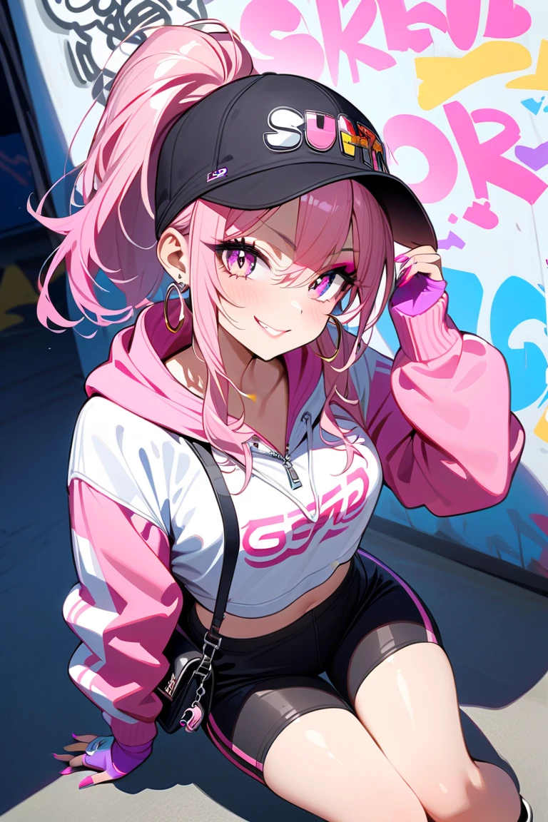 (best quality,4k,8k,highres,masterpiece:1.2),ultra-detailed,colorful,vibrant colors,beautiful detailed eyes,beautiful detailed lips,glossy lips,fair skin,crimson blush,long red hair,expressive face,striking makeup,confident smile,stylish,crop top hoodie,trendy fashion,sleek,flashing lights,neon lights,pink thigh highs with black stripes,slim body,attractive pose,dynamic movement,energetic background,lively atmosphere,modern cityscape,night scene,city lights,stylish hairstyle,cool street fashion,fashionable,high-energy,urban,teenager,vibrant personality,confidence,edgy,teenage rebellion,youthful allure,hot teenage girl,alluring gaze