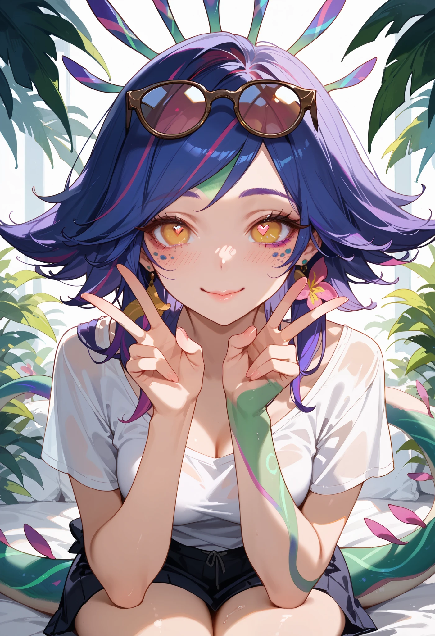 masterpiece, high resolution, best quality ,8k (League of legends Neeko ) (Brown glasses) silent pose, blushing, ebarrasing, alone, high purity eyes, lewd smile, look of disinterest, sexual pose, casual clothes, Love juice, looking at you , duck mouth, peace pose, heart eyes, half eyes closed