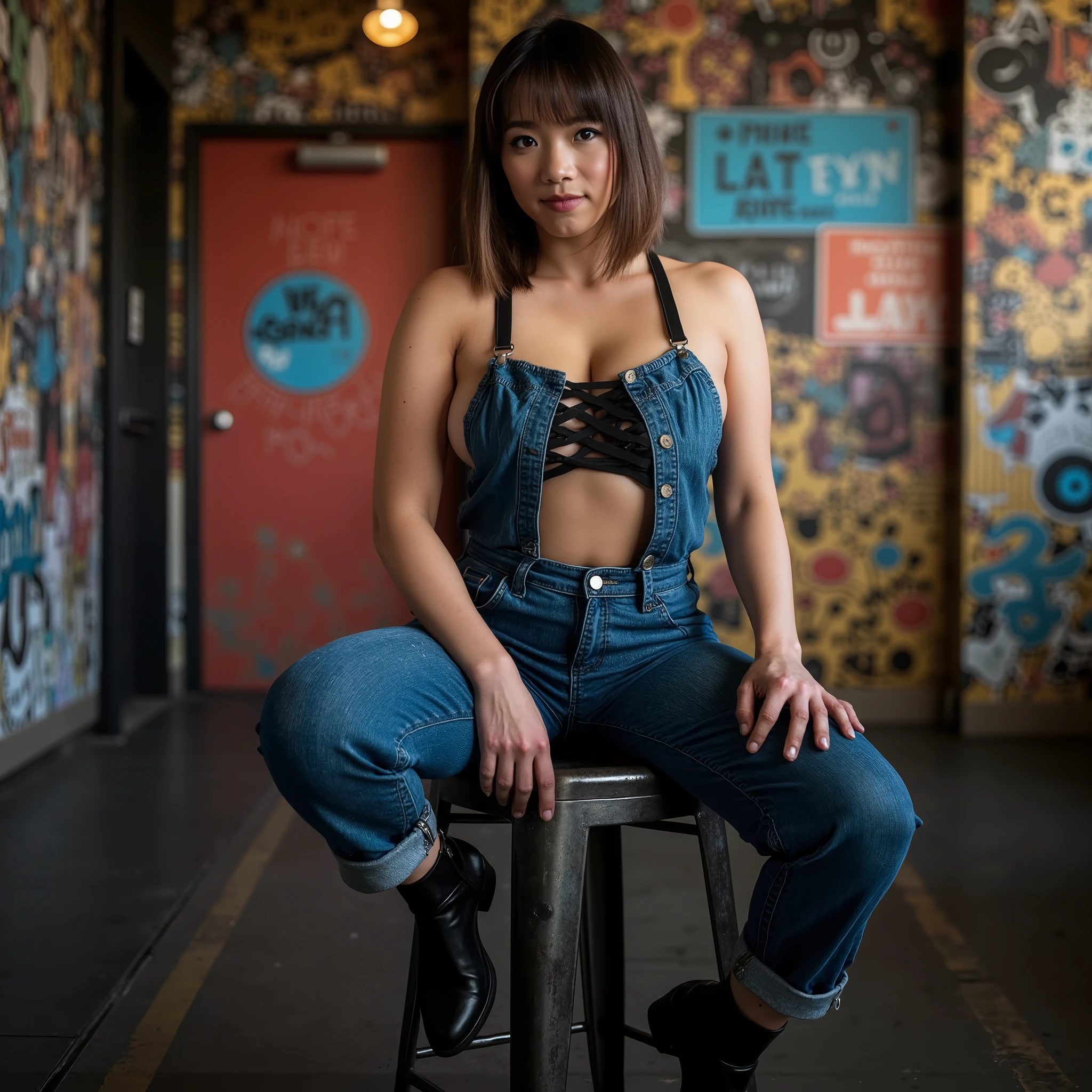 A professional photograph of an 18-year-old woman with an athletic build, fair skin, and almond-shaped brown eyes, posing confidently in an urban, graffiti-covered setting. She has straight brown hair in a sleek bob with subtle blonde highlights at the ends. She wears a stylish denim jumpsuit with wide straps, a fitted waist with lace-up details, and a bold circular cutout in the front. Black heeled boots complete her edgy look. She sits on a high metal stool, one leg casually resting on the footrest while the other extends naturally, exuding a relaxed yet self-assured demeanor. The background features vibrant street-style elements, including vintage license plates, neon signs, and colorful graffiti patterns in red, blue, and yellow tones. Bright, even lighting highlights her face and outfit, enhancing the vivid colors of the backdrop. Hyper-realistic, contemporary fashion, urban culture --ar 2:3 --s 500 --v 6 --style raw