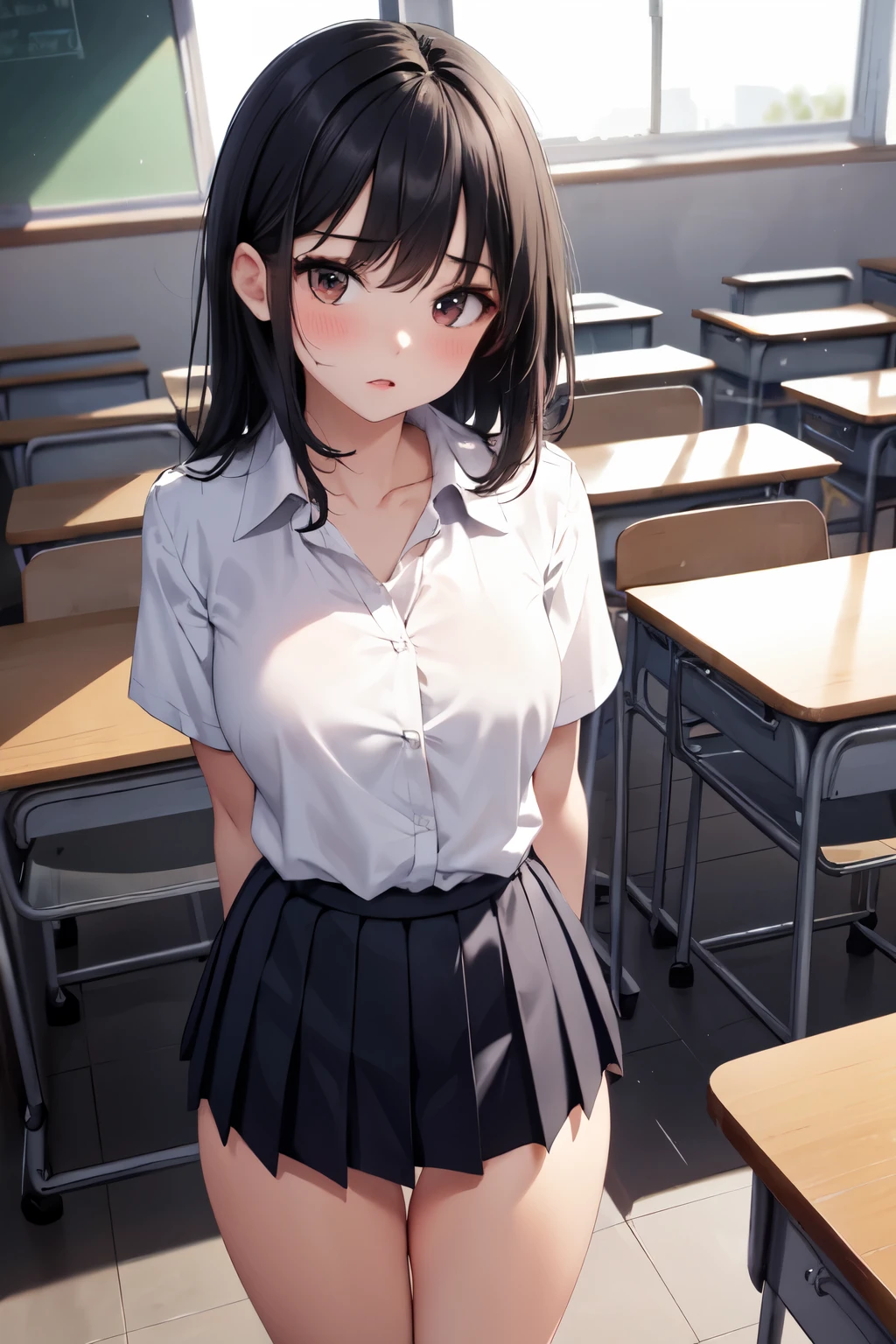 alone, (One girl), single, single, (((White panties))), (((Skirt flip))), ((Hold down the skirt)), , sexy, Are standing, Cowboy Shot , With a girl:With a girl Are standing in class_room、Hair is black ,Tie with ribbon。Her face is round and cute。 ((Her hands are gripping her skirt)) Overreaction:The girl's surprised expression、ありえないほどOverreaction.、It is depicted like a manga or anime.。(Are crying), tearsぐんだ, tears.