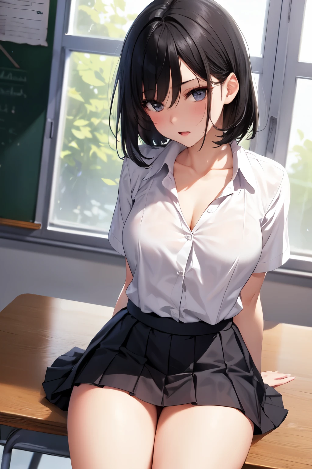 horny middle school girls 、Black Haired Beautiful Girl、Wide-open eyes、Short-sleeved uniform、 white collared blouse 、Collarbone in full view、 lower back、 pleated skirt、 horny thighs、Inner thighs、Hide your arms behind your back 、 looks good、sit、classroom