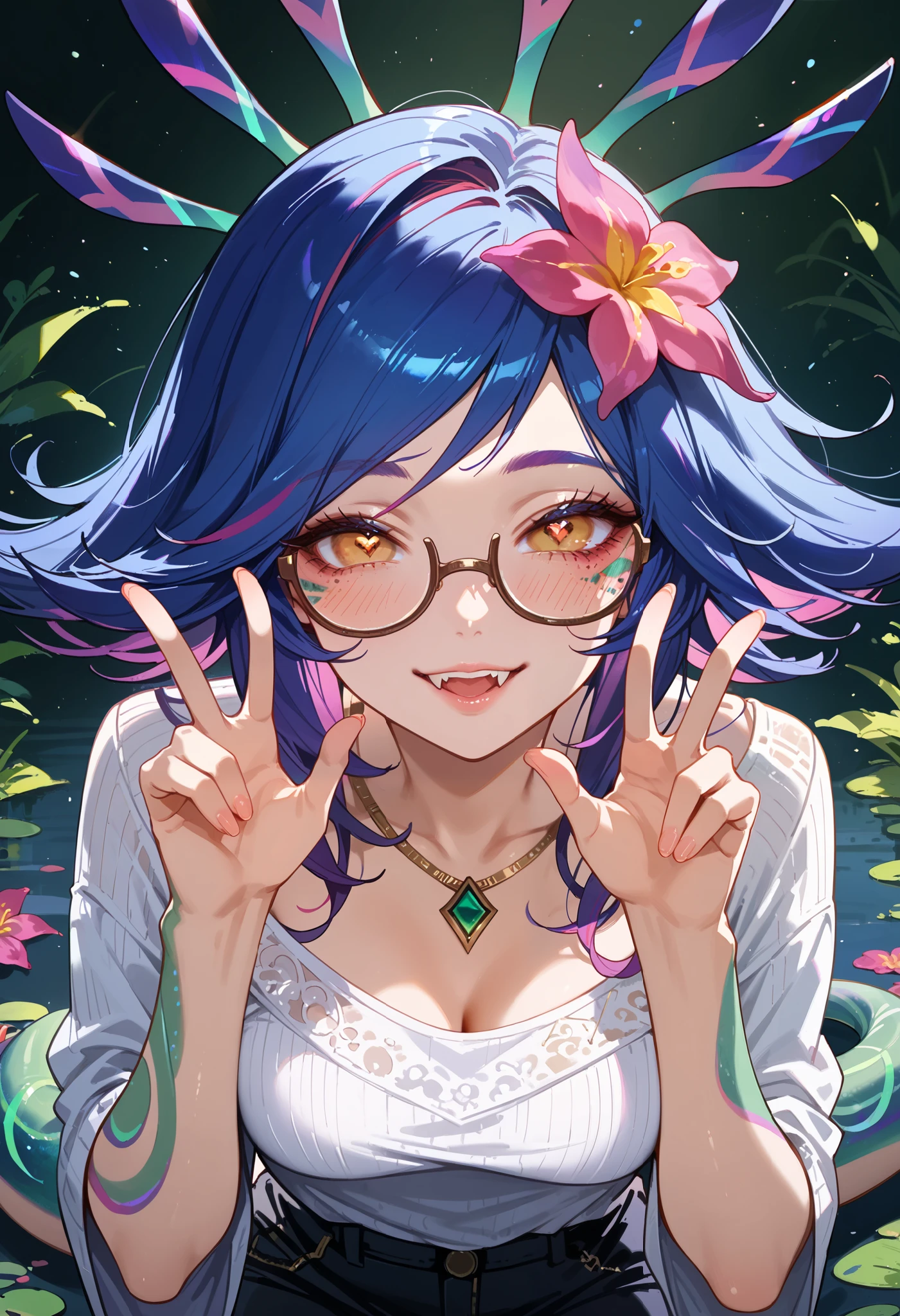 masterpiece, high resolution, best quality ,8k (League of legends Neeko ) (Brown glasses) silent pose, blushing, ebarrasing, alone, high purity eyes, lewd smile, look of disinterest, sexual pose, casual clothes, Love juice, looking at you , duck mouth, peace pose, half eyes closed, heart eyes, show fangs