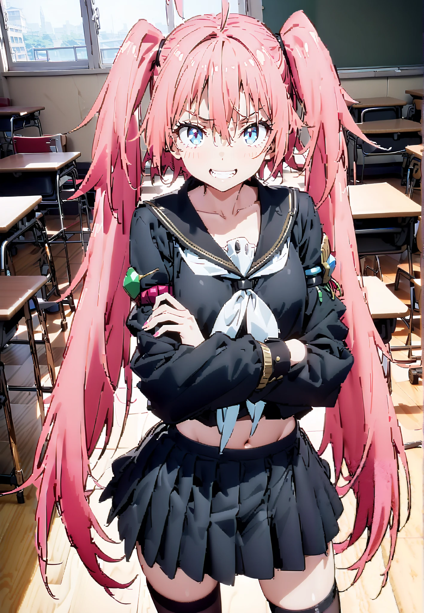 Milim Nava, Alone, long hair, blue eyes, hair between eyes, twin tails, very long hair, pink hair, stupid hair,tooth, double teeth,Black sailor suit, Long Sleeve, black mini pleated skirt ,black string panties, Black Thigh High Socks , loafers,風に揺れる long hair,Clothes are also swaying in the wind , angle from below with clothes on, and my arms are crossed, standing,Bossy,smile, and their mouths are wide open,whole bodyがイラストに入るように, break indoors, classroom,
break looking at viewer,whole body,
break ( Masterpiece:1.2), best quality , kampala, Unity 8K Wallpaper ,(shape:0.8),( fine, beautiful eyes :1.6),It's a person ,whole body写真,CG Details , ( perfect hands, complete anatomy),