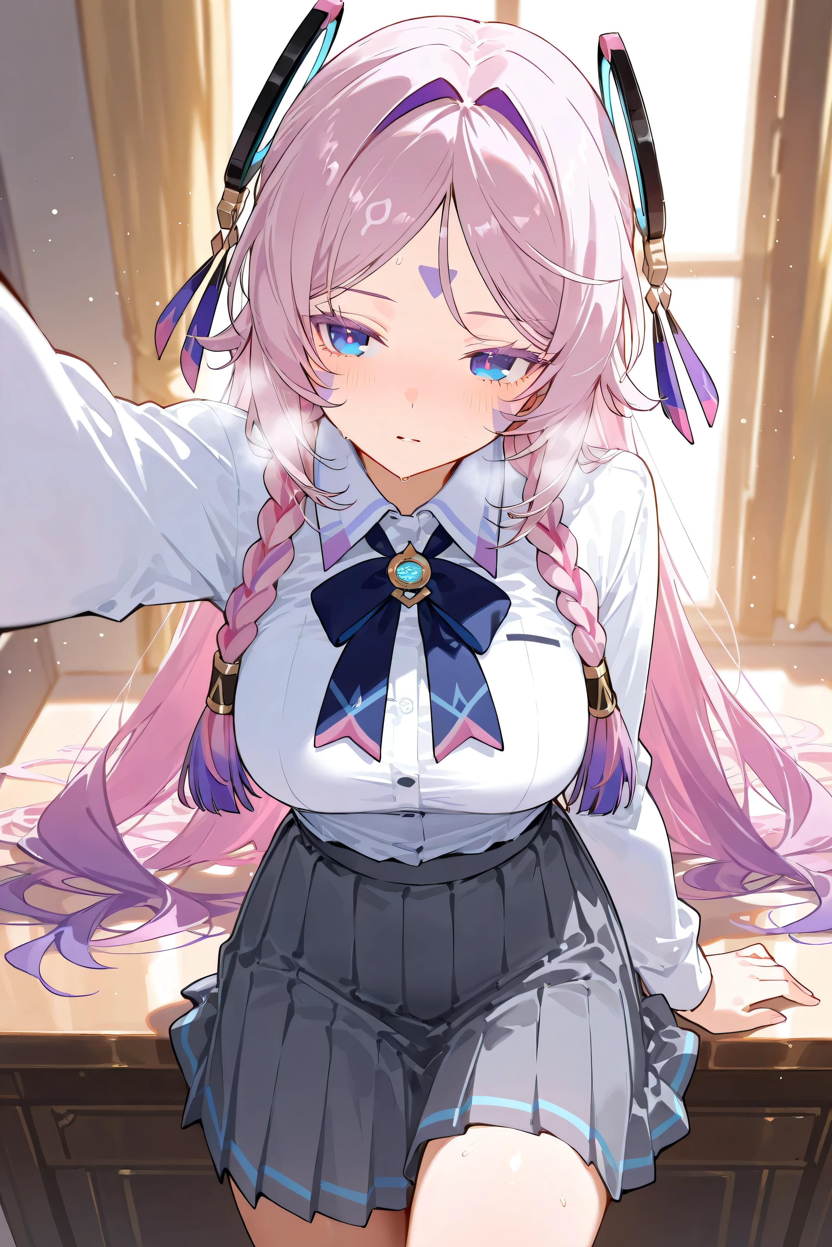 score_9, score_8_up, score_7_up, masterpiece, best quality, very aesthetic, absurdres, tunning image, light particles, attractive image, 1girl, adult grown woman, cowboy shot, citlali \(genshin impact\), pink hair, purple hair, multicolored hair, twin braids, hair intakes, blue eyes, forehead mark, lavender eyelashes, pink pupils, headgear, long hair, colored eyelashes, heavy breathing, masterpiece,best quality,amazing quality, 5 fingers, alternate costume, An anime character dressed in a Chic High School Uniform, featuring a tailored navy blazer with a school crest on the left chest, paired with a crisp white shirt and a burgundy ribbon tie. The pleated gray skirt falls just above the knees, maintaining an elegant and modern look. lying down