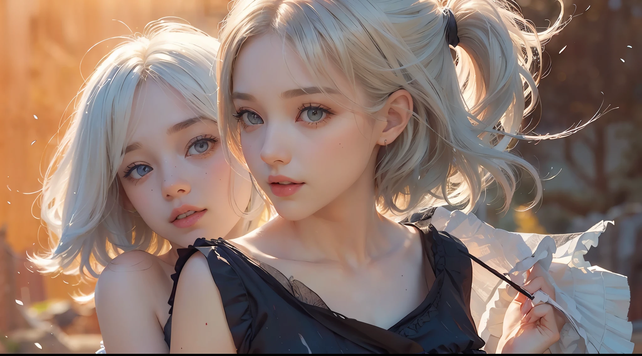 ​masterpiece),(top-quality:1.2),1girl in,(masuter piece:1.3),exquisitedetails, Highest quality 8K resolution, Ultra-detailed, Realistic, Vibrant colors, Soft tones, With warm and gentle lighting,(Smooth straight blonde hair:1.2),(Hair parted in the middle:1.3),(Glowing hair),(Dark blue eyes:1.3),White skin, hair clips,Small necklace,A gentle feeling overflows,The sun's rays illuminate joy and pure love, Warm golden glow,The atmosphere is full of happiness and laughter, As if celebrating love,Ultra-detailed depiction and vivid colors,A style that combines romanticism and realism,depth of love,color palettes,Create an ethereal atmosphere like a dream,Lighting is soft and diffused,masterpiece artwork,light light on the face,