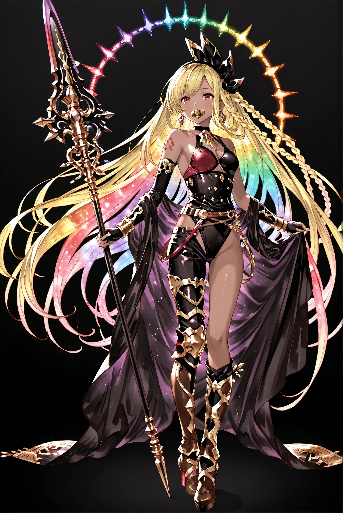of_HARP, cosplay, chest armor, clothing cutout, belt, bracers, leg armor, brown footwear, highleg leotard, armor, bare shoulders, fingerless gloves, bracers,jewelry, earrings,weapon, spear, holding weapon,christbunny, cape, asymmetrical legwear, corset, red bra,  black pantie, gloves
，apparel, （ stands，whole body， high heels， front view，Standing picture:1.7)，HoleHeels，oval/Circle/Thorn/Horn Heels，, Limited Color Palette , Black Background ,Colorful, vivid colors ,Flashing silhouette ,neon,black light ,watch,  Masterpiece,  very beautiful ,, shiny skin, black dress, backless dress, golden ornaments, arm tattoo, , Granblue_ fantasy, Helel_Ben_Shalem, dark skin, Blonde, long hair, braid, red eyes, pacifier,rainbow crystal outfit ,Pants, (Wearing :1.2) ,