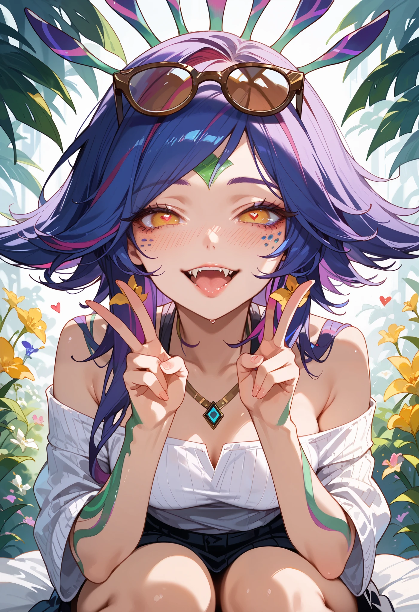 masterpiece, high resolution, best quality ,8k (League of legends Neeko ) (Brown glasses) silent pose, blushing, ebarrasing, alone, high purity eyes, lewd smile, look of disinterest, sexual pose, casual clothes, Love juice, looking at you , duck mouth, peace pose, half eyes closed, heart eyes, show fangs
