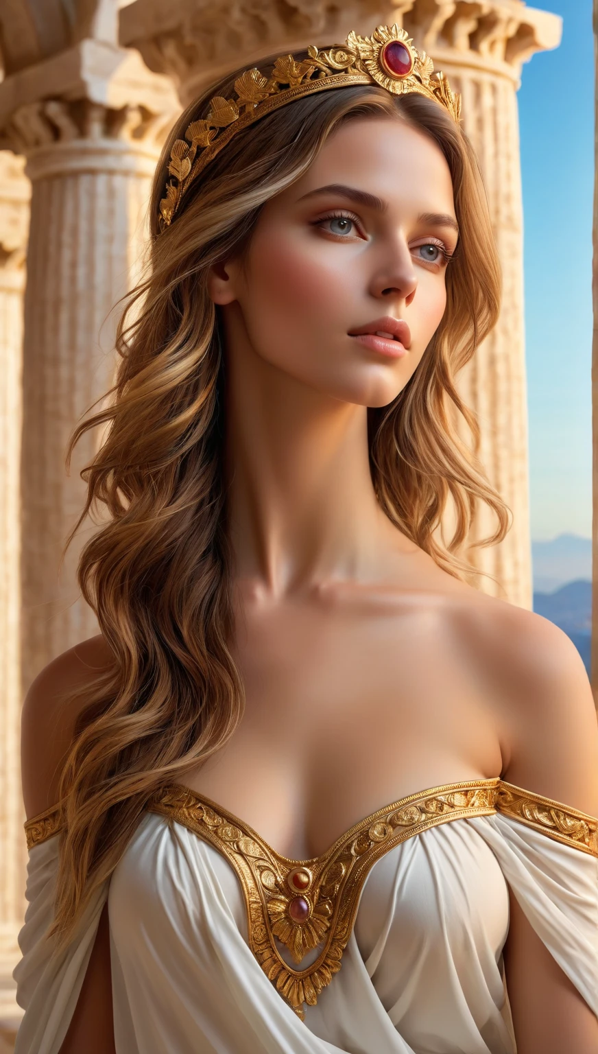 Hyper-realistic atonalism style, gouache, ink wash, opaque colors and low key lighting , beautiful woman perfect shape from the Roman period in thin white robe, beautiful breast, chest press together, medium long shot ,elegance pose, subtle details, colorful and gold ancient Roman period jewelry, splash ink, ancient temple Roman background, matte painting, Unreal Engine 5.