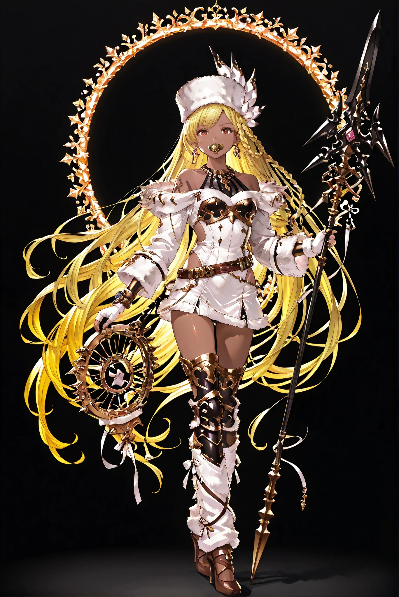 of_HARP, cosplay, chest armor, clothing cutout, belt, bracers, leg armor, brown footwear, highleg leotard, armor, bare shoulders, fingerless gloves, bracers,jewelry, earrings,weapon, spear, holding weapon,hud_XMAS1, striped dress, fur trim, long sleeves, leg warmers, belt, hood, christmas
( stands,whole body, high heels, front view,Standing picture:1.7),HoleHeels,oval/Circle/Thorn/Horn Heels,, Limited Color Palette , Black Background ,Colorful, vivid colors ,Flashing silhouette ,neon,black light ,watch, Masterpiece, very beautiful ,, shiny skin, white dress, backless dress, golden ornaments, arm tattoo, , Granblue_ fantasy, Helel_Ben_Shalem, dark skin, Blonde, long hair, braid, red eyes, pacifier,Edgward , Gloves, hat, dress, bare shoulders , jewelry, Earrings, white Gloves, necklace, Lips, Reality, fur hat, pearl necklace ,wearing Edgward ,, (Wearing :1.2) ,