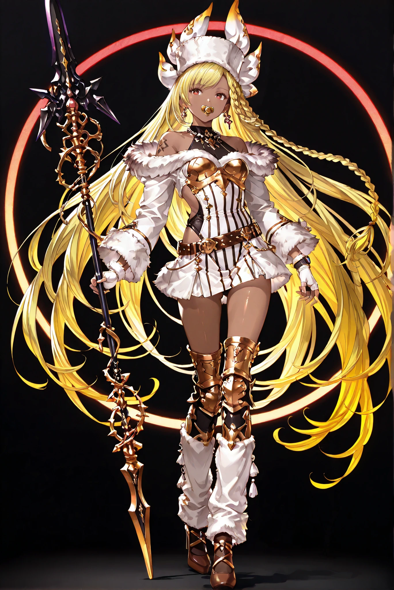 of_HARP, cosplay, chest armor, clothing cutout, belt, bracers, leg armor, brown footwear, highleg leotard, armor, bare shoulders, fingerless gloves, bracers,jewelry, earrings,weapon, spear, holding weapon,hud_XMAS1, striped dress, fur trim, long sleeves, leg warmers, belt, hood, christmas
( stands,whole body, high heels, front view,Standing picture:1.7),HoleHeels,oval/Circle/Thorn/Horn Heels,, Limited Color Palette , Black Background ,Colorful, vivid colors ,Flashing silhouette ,neon,black light ,watch, Masterpiece, very beautiful ,, shiny skin, white dress, backless dress, golden ornaments, arm tattoo, , Granblue_ fantasy, Helel_Ben_Shalem, dark skin, Blonde, long hair, braid, red eyes, pacifier,Edgward , Gloves, hat, dress, bare shoulders , jewelry, Earrings, white Gloves, necklace, Lips, Reality, fur hat, pearl necklace ,wearing Edgward ,, (Wearing :1.2) ,