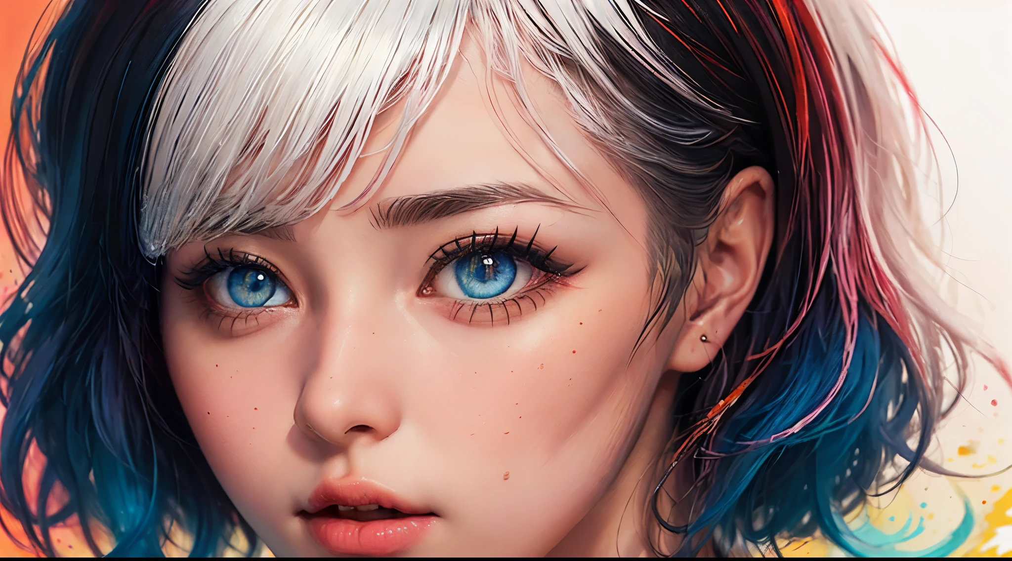 (master part: 1.2, best quality), (beautiful finely detailed eyes: 1.2), ((1st series)), (red eyes: 1.4), (finely detailed eyes and detailed face: 1.3 ), ((girl with short white hair)), (beautiful and clear background: 1.2), (extremely detailed and ultra-detailed CG, best shadow: 1.1), (black dress), ((depth of field)) , ((watercolor)), beautiful conceptual illustration, (orange background: 0.5), (illustration: 1.1), (extremely fine and beautiful: 1.1), (perfect details: 1.1), front view , cowboy photo, scenery