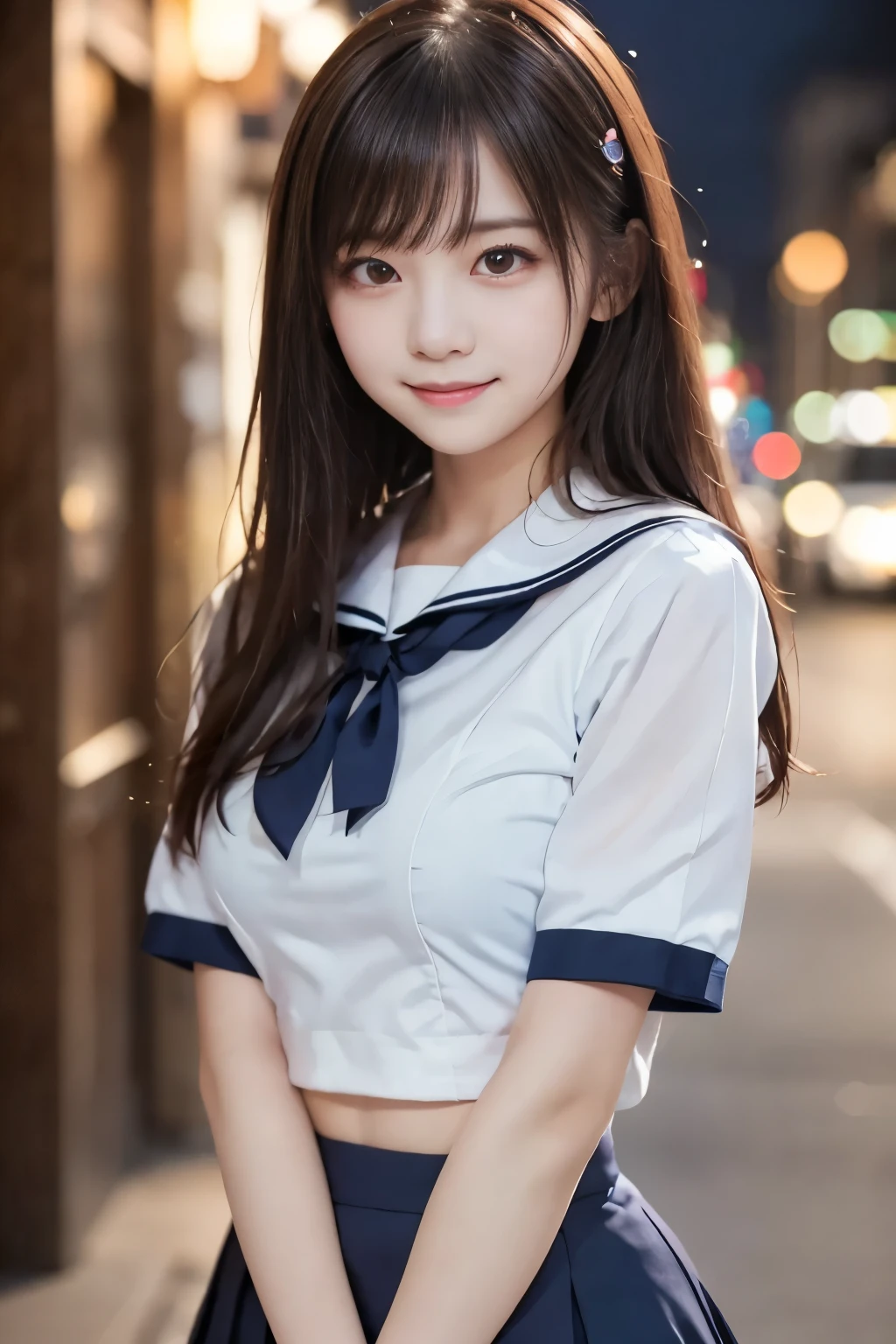 Masterpiece, best quality, 8k, -yeld stAW Photo, absurd, Award-Winning Portraits , smile, smile, Alone, night , neon , idol face, violaces, Gardenias, Delicate Girl, upper body, DSLR, Watch Viewers, , refined , Thin arms, professional lighting, Film Grain, Color Difference, ( Detailed Eyes and Faces :1.0), (Bokeh:1.1) , Sailor uniform , Close your mouth , short hair , long hair , Big Breasts