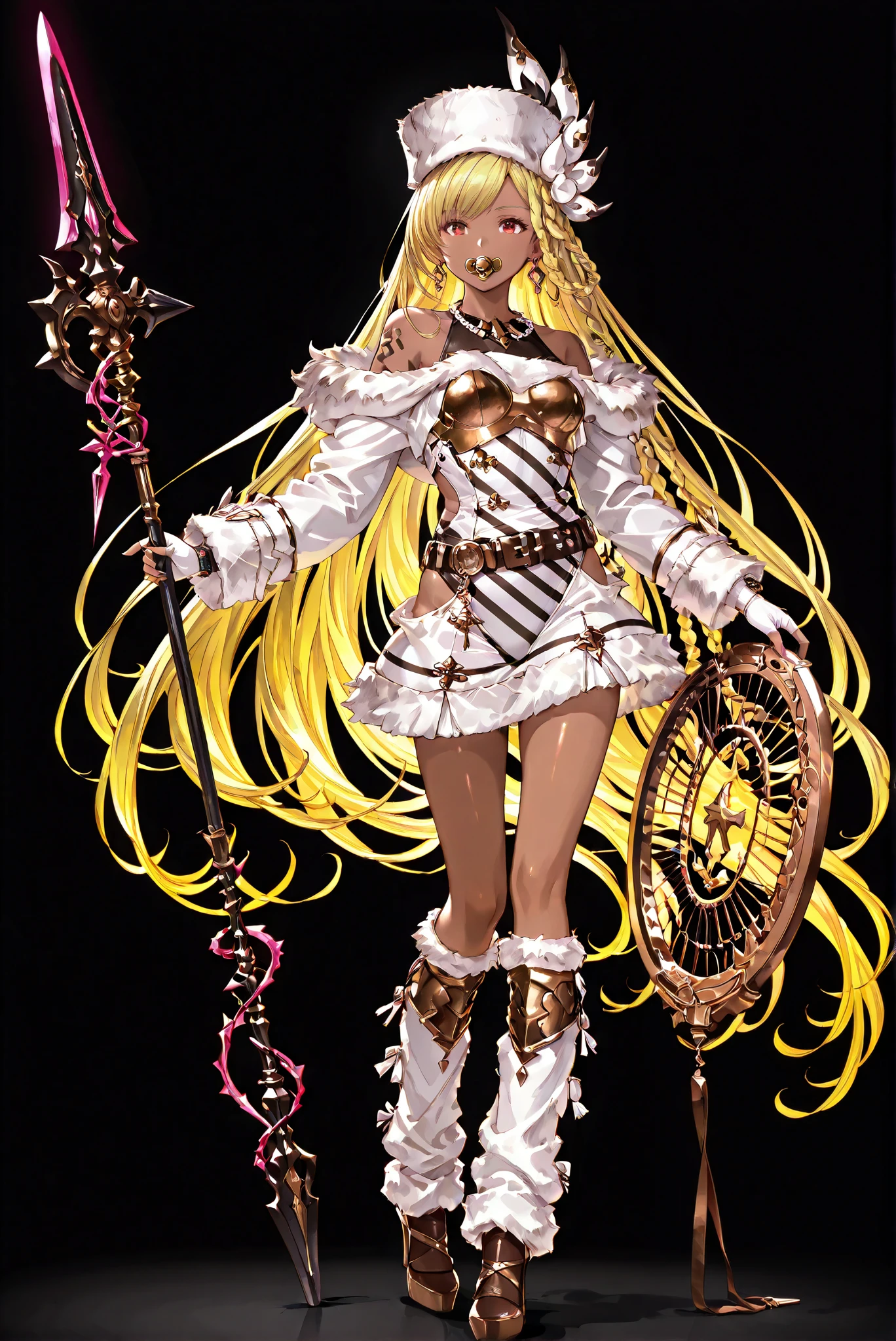 of_HARP, cosplay, chest armor, clothing cutout, belt, bracers, leg armor, brown footwear, highleg leotard, armor, bare shoulders, fingerless gloves, bracers,jewelry, earrings,weapon, spear, holding weapon,hud_XMAS1, striped dress, fur trim, long sleeves, leg warmers, belt, hood, christmas
( stands,whole body, high heels, front view,Standing picture:1.7),HoleHeels,oval/Circle/Thorn/Horn Heels,, Limited Color Palette , Black Background ,Colorful, vivid colors ,Flashing silhouette ,neon,black light ,watch, Masterpiece, very beautiful ,, shiny skin, white dress, backless dress, golden ornaments, arm tattoo, , Granblue_ fantasy, Helel_Ben_Shalem, dark skin, Blonde, long hair, braid, red eyes, pacifier,Edgward , Gloves, hat, dress, bare shoulders , jewelry, Earrings, white Gloves, necklace, Lips, Reality, fur hat, pearl necklace ,wearing Edgward ,, (Wearing :1.2) ,