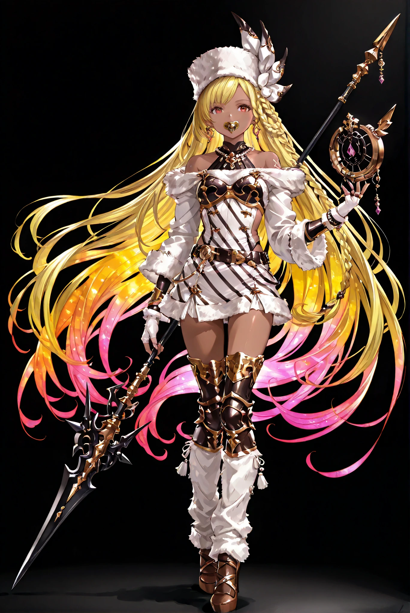 of_HARP, cosplay, chest armor, clothing cutout, belt, bracers, leg armor, brown footwear, highleg leotard, armor, bare shoulders, fingerless gloves, bracers,jewelry, earrings,weapon, spear, holding weapon,hud_XMAS1, striped dress, fur trim, long sleeves, leg warmers, belt, hood, christmas
( stands,whole body, high heels, front view,Standing picture:1.7),HoleHeels,oval/Circle/Thorn/Horn Heels,, Limited Color Palette , Black Background ,Colorful, vivid colors ,Flashing silhouette ,neon,black light ,watch, Masterpiece, very beautiful ,, shiny skin, white dress, backless dress, golden ornaments, arm tattoo, , Granblue_ fantasy, Helel_Ben_Shalem, dark skin, Blonde, long hair, braid, red eyes, pacifier,Edgward , Gloves, hat, dress, bare shoulders , jewelry, Earrings, white Gloves, necklace, Lips, Reality, fur hat, pearl necklace ,wearing Edgward ,, (Wearing :1.2) ,