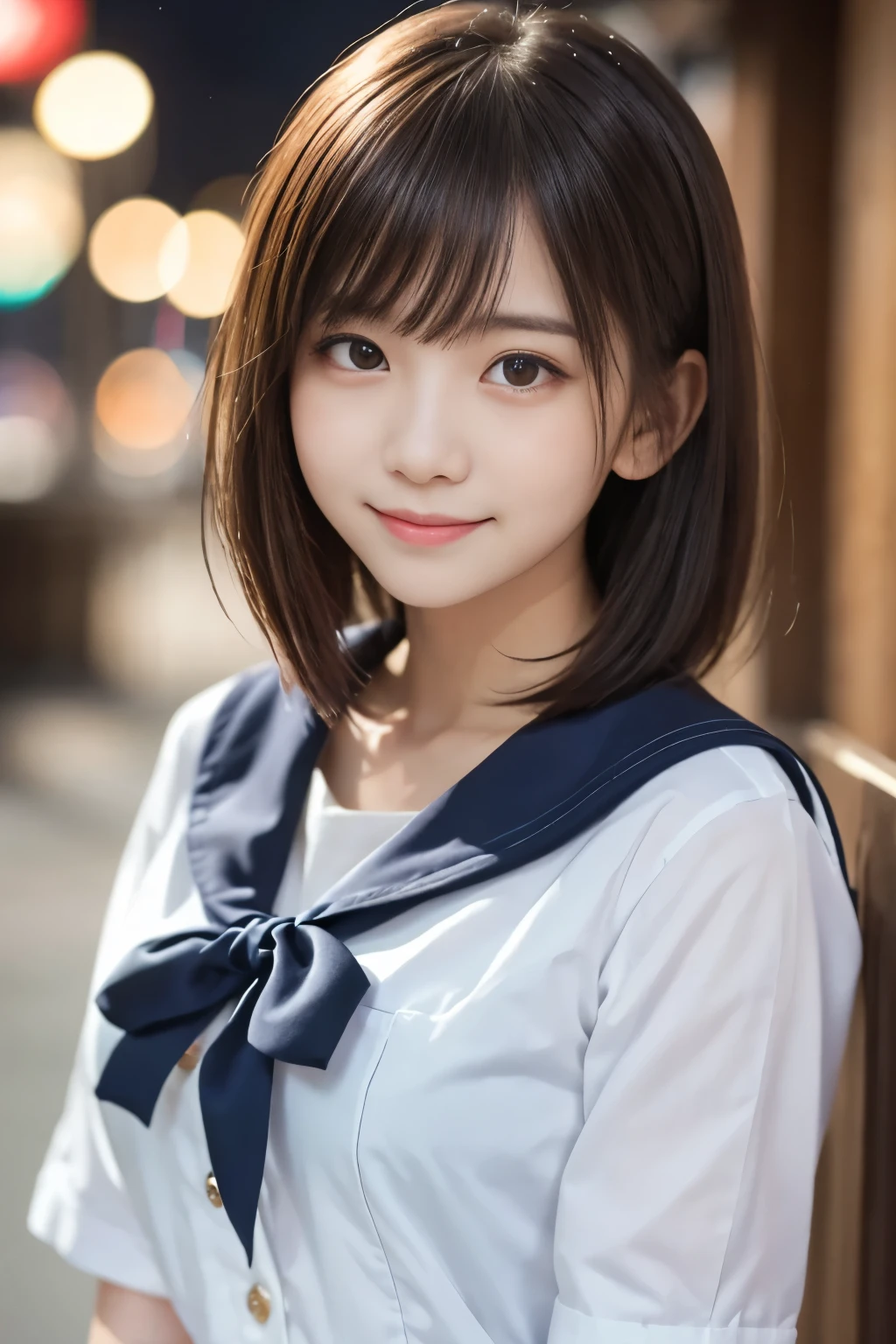 Masterpiece, best quality, 8k, -yeld stAW Photo, absurd, Award-Winning Portraits , smile, smile, Alone, night , neon , idol face, violaces, Gardenias, Delicate Girl, upper body, DSLR, Watch Viewers, , refined , Thin arms, professional lighting, Film Grain, Color Difference, ( Detailed Eyes and Faces :1.0), (Bokeh:1.1) , Sailor uniform , Close your mouth , short hair , long hair , Big Breasts