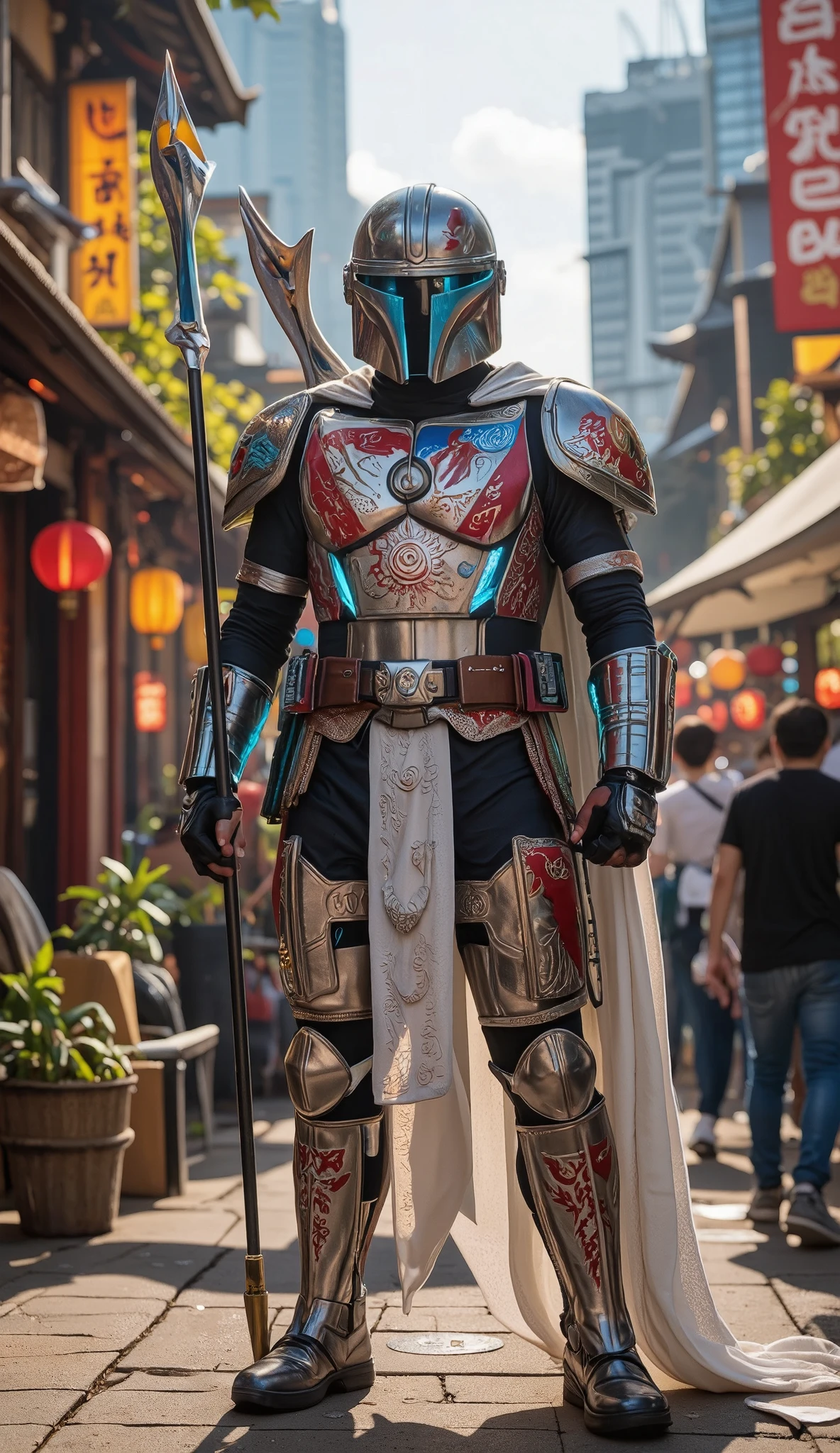 **Prompt:**
"A hyper-realistic and extremely detailed illustration of a Mandalorian warrior inspired by Taiwan's culture, standing proudly in full battle armor. The armor is a fusion of traditional Taiwanese cultural patterns and futuristic cybernetic designs, featuring intricate red, white, and blue motifs that reflect the colors of Taiwan’s national flag. The chest plate is adorned with a stylized sun emblem, symbolizing the flag's central design, while the shoulder pads and gauntlets are engraved with intricate tribal and indigenous patterns.
The warrior's helmet incorporates sleek, modernized elements with glowing cyan visors, merging traditional aesthetics with advanced technology. Cybernetic enhancements on the arms and legs glow faintly with neon-blue energy, complementing the armor’s metallic sheen. The background showcases a vibrant daytime scene in a bustling Taiwanese street market, with colorful lanterns, traditional temples, and modern skyscrapers blending seamlessly to represent Taiwan's cultural duality.
The Mandalorian holds a high-tech spear, engraved with Taiwanese symbols, and a flowing cape with subtle patterns of Taiwan's indigenous heritage flutters in the breeze. The atmosphere is alive with sunlight reflecting off the armor, creating a balance of futuristic fantasy and cultural reverence."