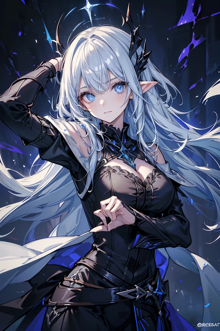 (8K, Best quality, tmasterpiece:1.2),\(Eyes detailed\),\(facial feature\),(\(Clothes detail details\)\),Upper part of the body(surface focus) ,Very detailed CG unified 8k wallpaper,hugefilesize,ultra - detailed,A high resolution,Huang Li,beautidful eyes,Ray traching,dramatic shadow,Detailed pubic hair,dramatic angles,hyper-detailing,(1 girl:1.3),(Alone),Little girl,(change:1.2),White hair,Cyan eyes,glowing light eyes,long and pointed ears,(A Necromancer:1.2),thin,Small under breasts,The faintly visible collarbone,(Wears a black hooded cloak:1.2)+(Gray Torn Mage Robes:1.2).(Skeleton ornaments:1.2),Holding skull scepter in hand,(White mist turns into the upper body of a skeleton,Appear next to the girl。.:1.3),,(is in night),En plein air,moon full,The ruins of a Western-style mansion are in the background..,Purple morning glories on the ruins wall,Highly detailed western fantasy backgrounds