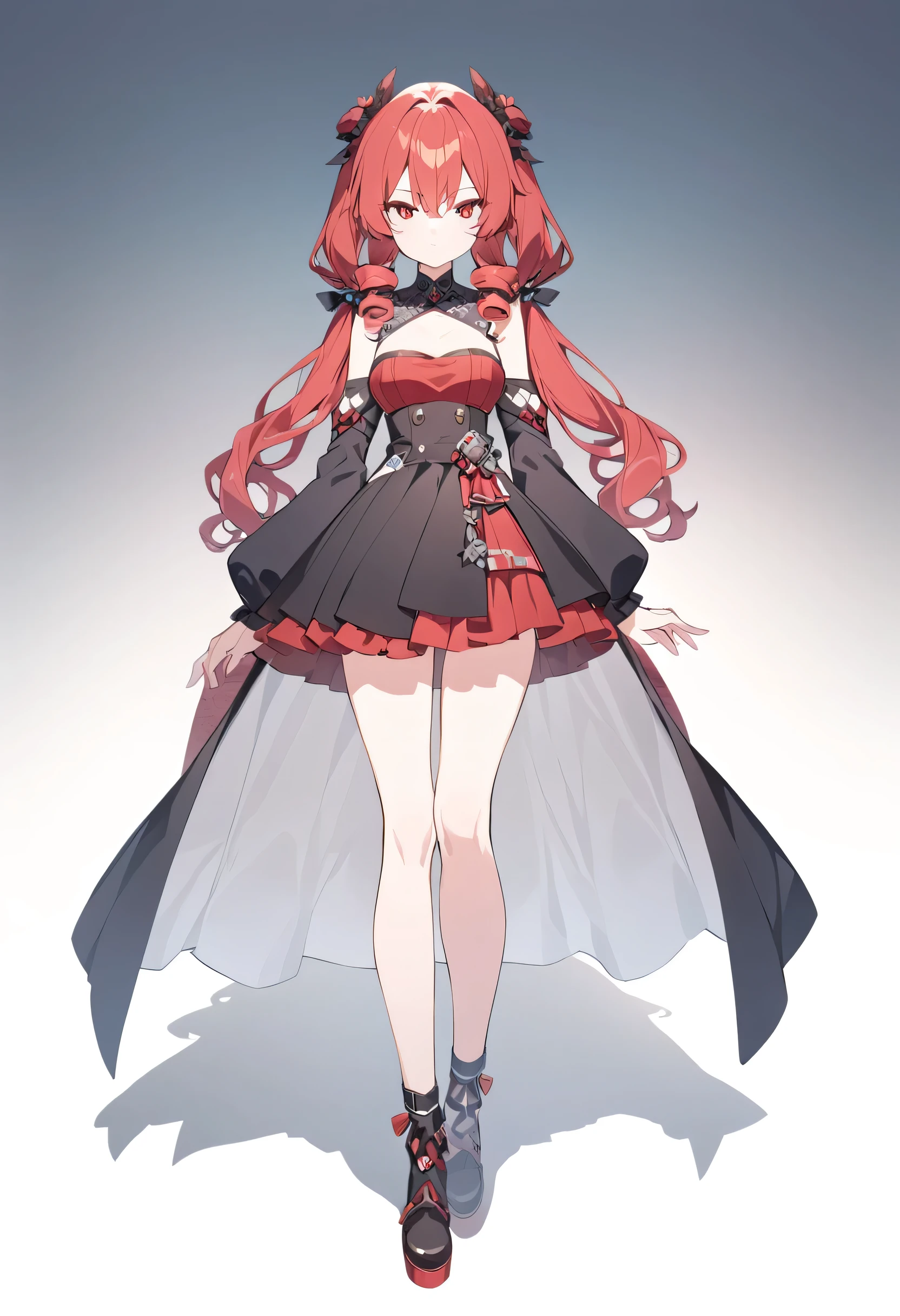 Anime Kawaii sexy Perfect Slim sensual body large breast and huge thighs, An intricate and highly detailed illustration of anime ( girl). (work of art, Maximum quality, best qualityer, offcial art, beautiful and aesthetic:1.0), (8k, best qualityer, work of art:1.2), pretty long hair,(whole body:1.3), (breasts big:1.4), pretty long hair, high-heels, black thighighs, micro skirt, Red hair, tall girl, tupolev tu-22 bomber