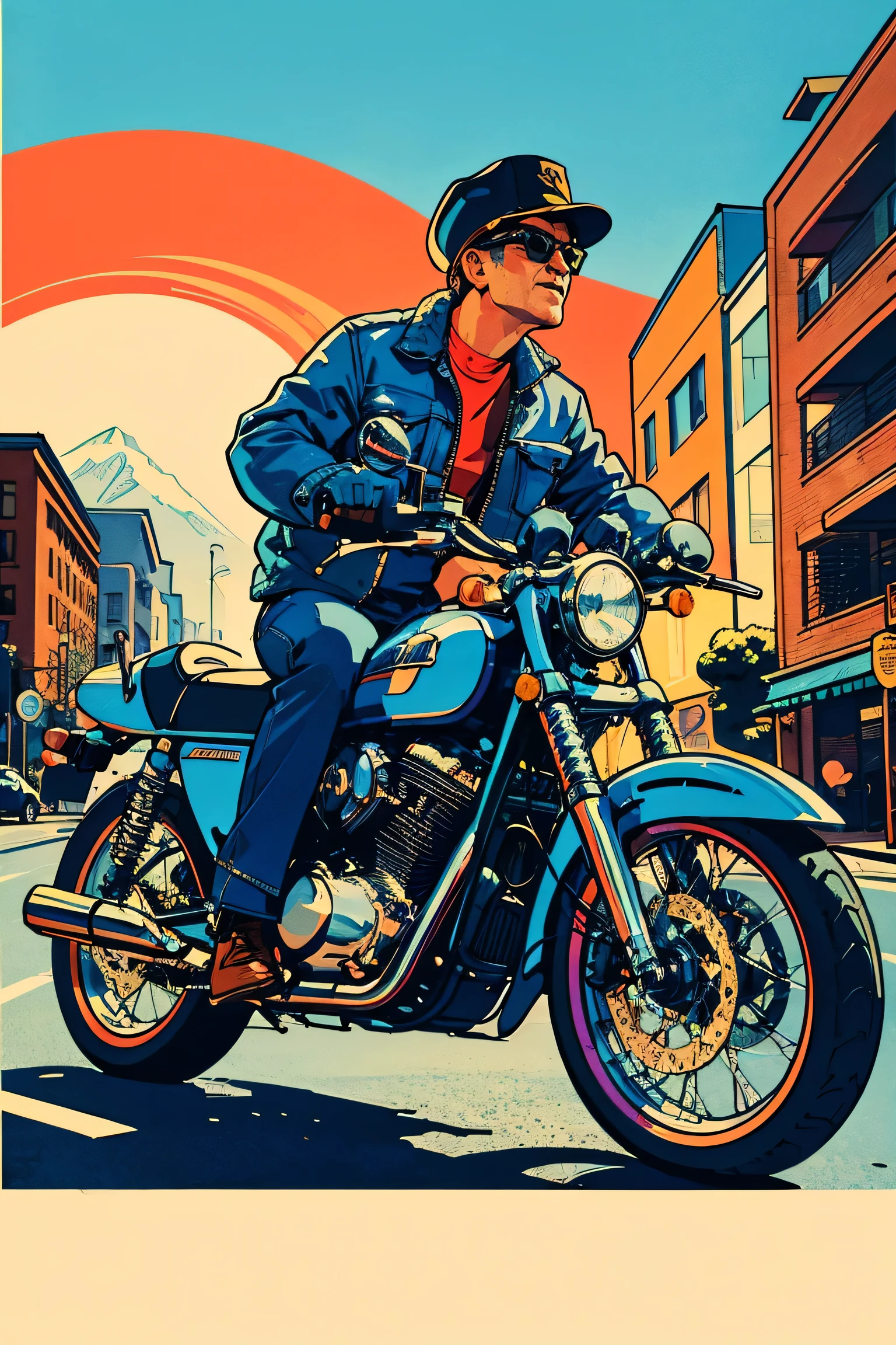 Masterpiece, Top Quality, Best Quality, Extreme Detail, Highest Detail, High Detail, All Sharp, Saul Wright Style, 1980s, A Blue Motorcycle Stopped in Front of a Building, in style of Digital Illustration, inspired by Lubin Baugin, illustrated poster, detailed Digital Illustration, Vintage Poster, Vintage Poster Style, Multi-layered, High Contrast, Vivid Colors, Blurred, Warm Tones, Rich HD Details