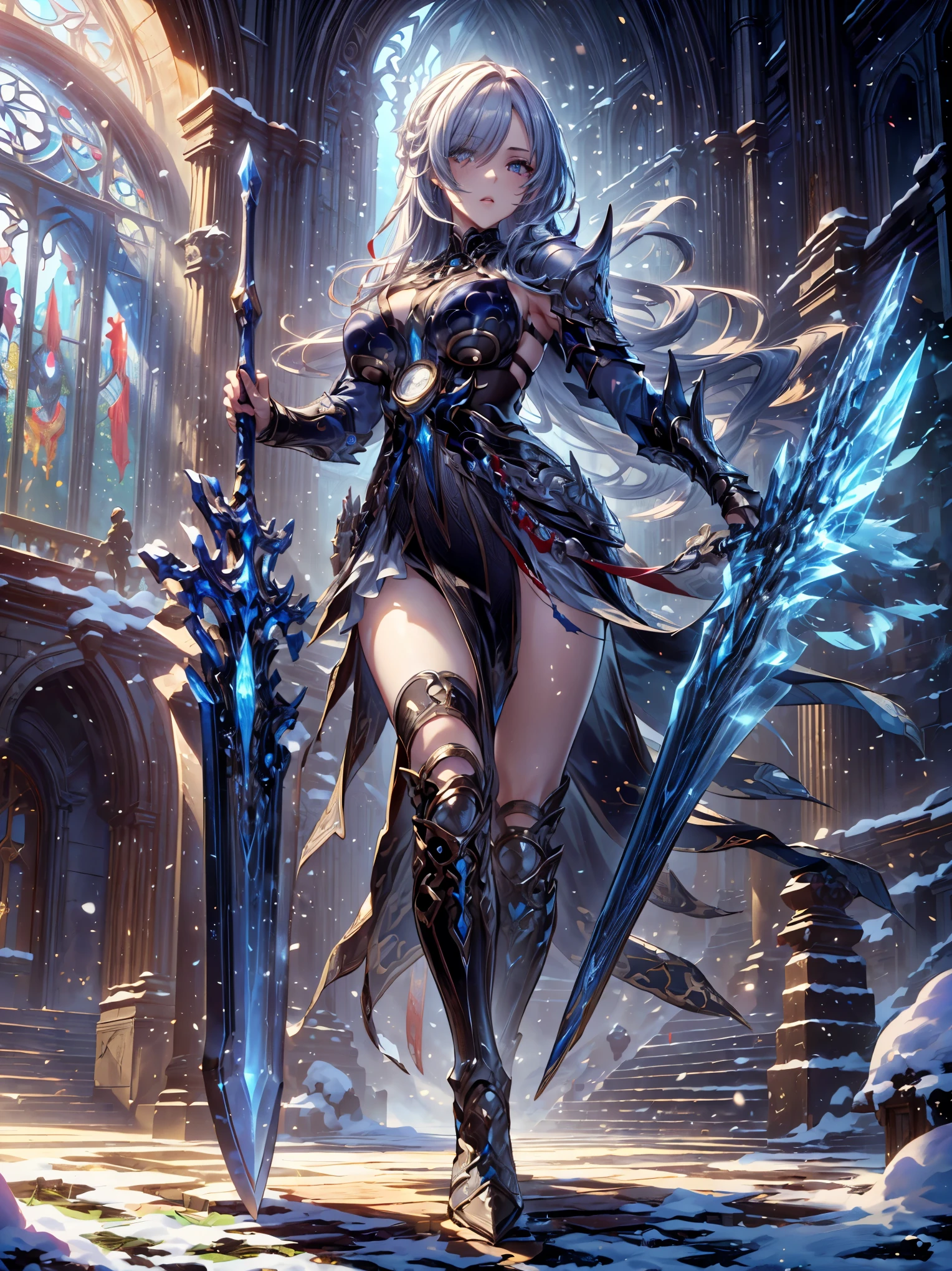 (((masterpiece, best quality, high detailed, 16k))) Female sword knight holding a huge perfect sword in her hand, female paladin, big breasts, magic circle, snow and clock tower background, masterpiece, best quality, magnificent, epic, majestic, cover art. (detailed face), (detailed eyes), ((full body front view)), (extremely detailed:1.5)