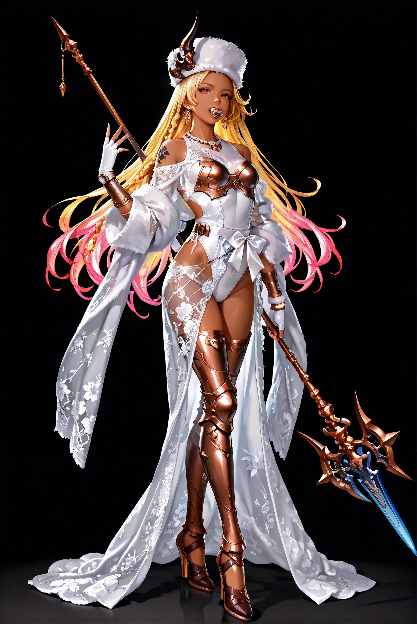 of_HARP, cosplay, chest armor, clothing cutout, belt, bracers, leg armor, brown footwear, highleg leotard, armor, bare shoulders, fingerless gloves, bracers,jewelry, earrings,weapon, spear, holding weapon,floral mesh robe, long sleeves, see-through, satin bow belt


 （ stands，whole body， high heels， front view，Standing picture:1.7)，HoleHeels，oval/Circle/Thorn/Horn Heels，, Limited Color Palette , Black Background ,Colorful, vivid colors ,Flashing silhouette ,neon,black light ,watch,  Masterpiece,  very beautiful ,, shiny skin, white dress, backless dress, golden ornaments, arm tattoo, , Granblue_ fantasy, Helel_Ben_Shalem, dark skin, Blonde, long hair, braid, red eyes, pacifier,Edgward , Gloves, hat, dress,  bare shoulders , jewelry,  Earrings, white Gloves, necklace, Lips, Reality, fur hat, pearl necklace ,wearing Edgward ,, (Wearing :1.2) , 

