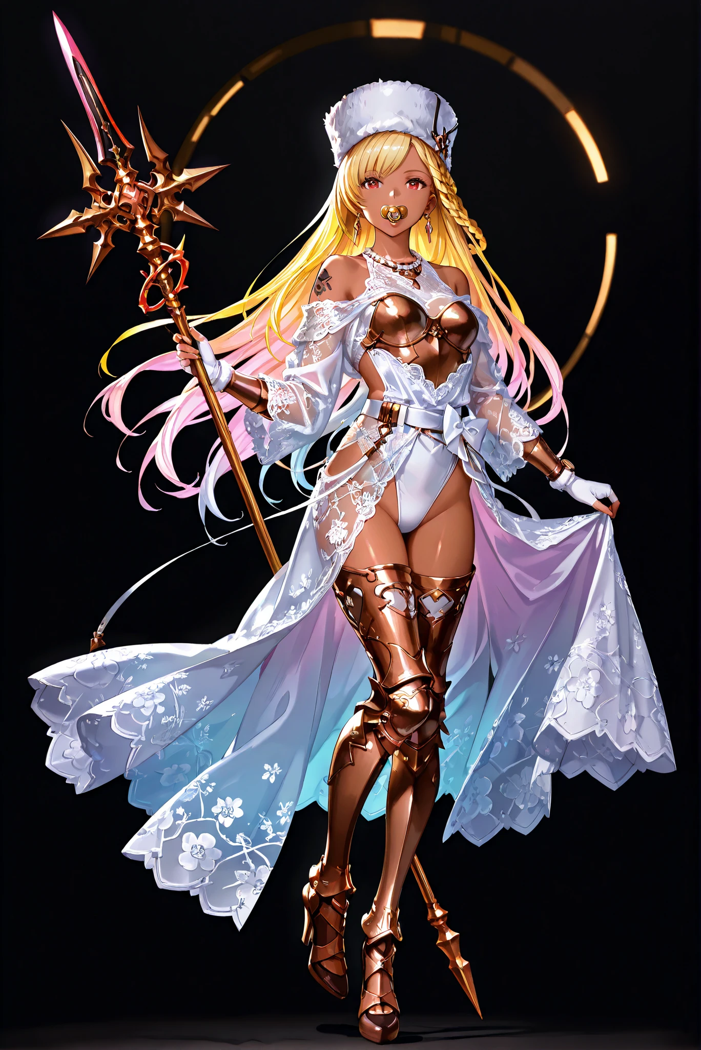 of_HARP, cosplay, chest armor, clothing cutout, belt, bracers, leg armor, brown footwear, highleg leotard, armor, bare shoulders, fingerless gloves, bracers,jewelry, earrings,weapon, spear, holding weapon,floral mesh robe, long sleeves, see-through, satin bow belt
( stands,whole body, high heels, front view,Standing picture:1.7),HoleHeels,oval/Circle/Thorn/Horn Heels,, Limited Color Palette , Black Background ,Colorful, vivid colors ,Flashing silhouette ,neon,black light ,watch, Masterpiece, very beautiful ,, shiny skin, white dress, backless dress, golden ornaments, arm tattoo, , Granblue_ fantasy, Helel_Ben_Shalem, dark skin, Blonde, long hair, braid, red eyes, pacifier,Edgward , Gloves, hat, dress, bare shoulders , jewelry, Earrings, white Gloves, necklace, Lips, Reality, fur hat, pearl necklace ,wearing Edgward ,, (Wearing :1.2) ,