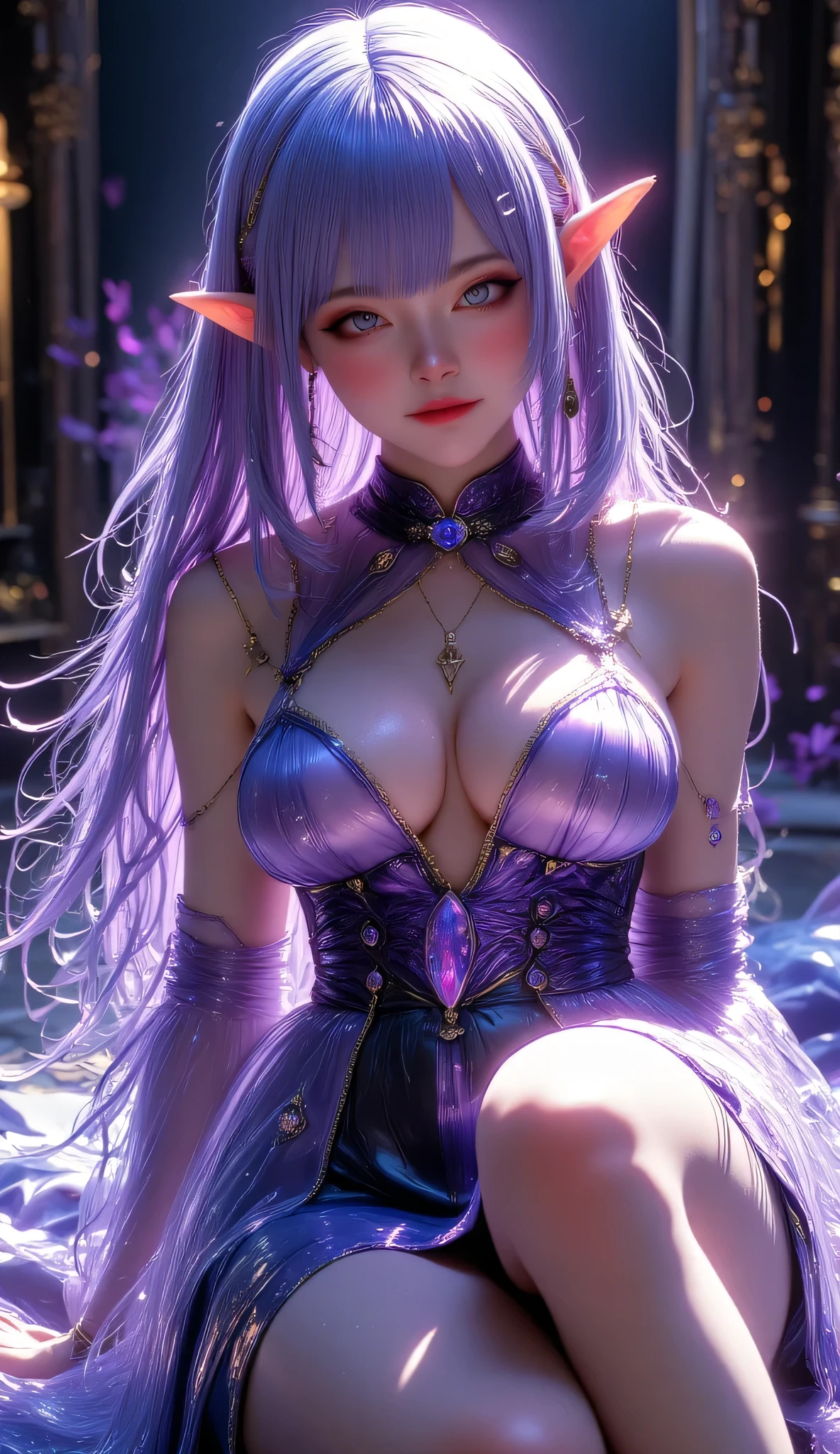 **" A charming elf with long , silky silver hair , that fall in waves down her naked shoulders . Her skin shines with soft moonlight , emphasizing every elegant line of her perfect body . deep, mysterious eyes shades of pure amethyst are filled with playfulness and mystery. She is wearing a translucent , spider-thin dress , that barely hides the curves of her figure . Light fabric flows through her body , highlighting her tiny waist, x} seductive hips and firm breasts . Thin gold chains with magic stones gently wrap around her body , shimmering with soft light . The elf is sitting on a huge black obsidian bed , covered with velvet pillows . Her pose is flirtatious and relaxed — one leg is slightly bent , , graceful fingers run across the soft fabric of the , and the lips are slightly ajar , as if she had just whispered a magic spell . Moonlight penetrates her chambers through half-closed curtains , blanket, casting patterned shadows on her . The aroma of night flowers and a slight flickering of magic floats through the air , creating an atmosphere of mysterious temptation . Her gaze meets you — warm , calling , full of hidden promises . she smiles, easily touches naked skin with her fingertips and waits for , when you take the first step ..."**
