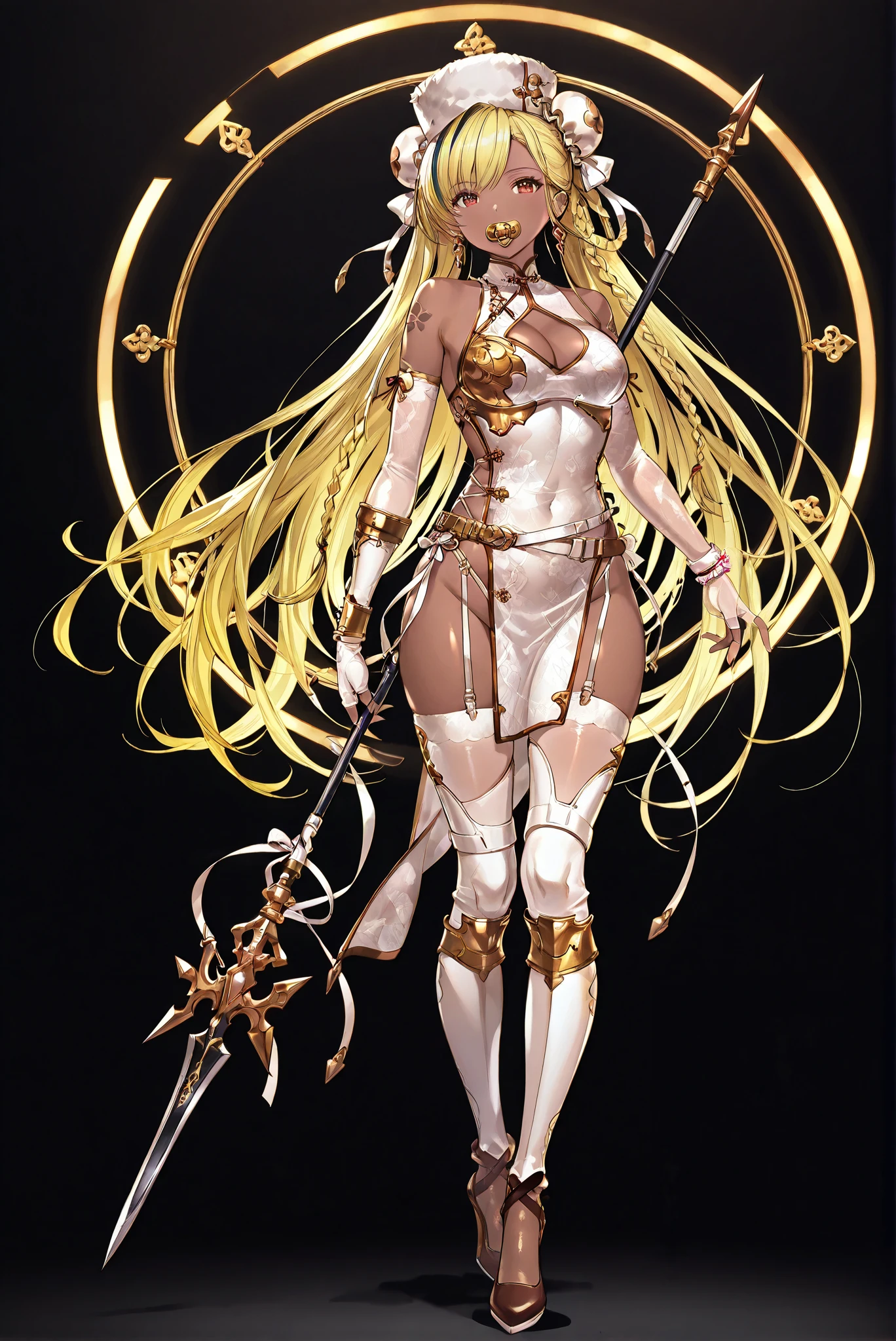 of_HARP, cosplay, chest armor, clothing cutout, belt, bracers, leg armor, brown footwear, highleg leotard, armor, bare shoulders, fingerless gloves, bracers,jewelry, earrings,weapon, spear, holding weapon,white china dress,chinese clothes,clothing cutout,garter straps,elbow gloves,see-through,bare shoulders,pelvic curtain,cleavage cutout,white thighhighs,double bun, bun cover,ribbon,pelvic curtain,white high heels,
( stands,whole body, high heels, front view,Standing picture:1.7),HoleHeels,oval/Circle/Thorn/Horn Heels,, Limited Color Palette , Black Background ,Colorful, vivid colors ,Flashing silhouette ,neon,black light ,watch, Masterpiece, very beautiful ,, shiny skin, white dress, backless dress, golden ornaments, arm tattoo, , Granblue_ fantasy, Helel_Ben_Shalem, dark skin, Blonde, long hair, braid, red eyes, pacifier,Edgward , Gloves, hat, dress, bare shoulders , jewelry, Earrings, white Gloves, necklace, Lips, Reality, fur hat, pearl necklace ,wearing Edgward ,, (Wearing :1.2) ,