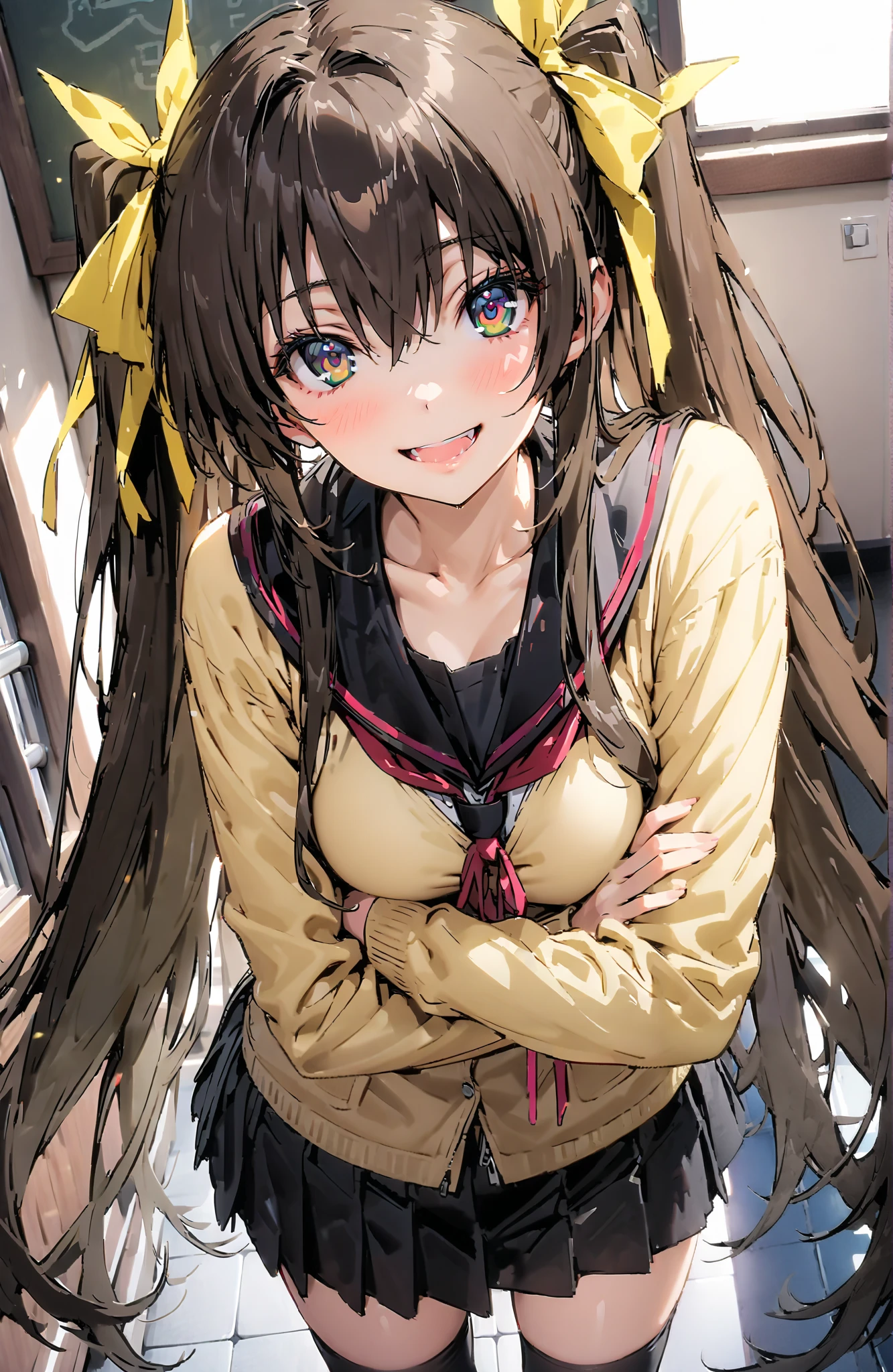 Spiritual Hidden Yellow, Huang Lingyin,  long hair,  brown hair,Alone, ribbon,  twin tails,  green eyes , hair ribbon, tooth, double teeth, yellow cardigan ,Black sailor suit, Long Sleeve, black mini pleated skirt ,black string panties, Black Thigh High Socks , loafers,風に揺れる long hair，Clothes are also swaying in the wind , angle from below with clothes on, and my arms are crossed, standing,Bossy,smile, and their mouths are wide open,whole bodyがイラストに入るように,                                                               break indoors, classroom,
break looking at viewer,whole body,
break ( Masterpiece:1.2), best quality , kampala, Unity 8K Wallpaper ,(shape:0.8),(  fine, beautiful eyes  :1.6),It's a person ,whole body写真,CG Details , ( perfect hands, complete anatomy),
