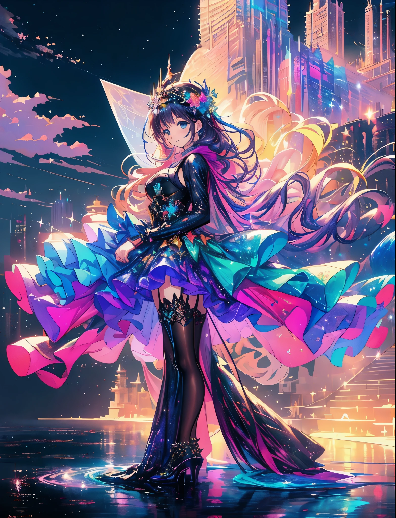 a glamour picture shot, of an elite model covered in stars, walking on a (dark catwalk: 1.2), an extraordinary glamourous elite female model, ((full body: 1.5)),  ((anatomically correct: 1.5), (ultra detailed face: 1.2), best detailed face, yrllow hair, long hair, lush hair, glam hair cut, blue eyes, delicate face, light make up, wearing intricate detailed dress, glamour dress, haute couture dress, elite fashion dress, black as night dress, decorated with bright stars, starlight,  small cleavage, wearing high heels, elegant high heels, she wears diamond necklace, she is glows in a soft starry light, she walks on (asteroid catwalk: 1.2), elite fashion show background, vibrant, Hyperrealism style, vibrant, Ultra-high resolution, High Contrast, (masterpiece:1.5), highest quality, Best aesthetics), best details, best quality, highres, ultra wide angle, 16k, [ultra detailed], masterpiece, best quality, (extremely detailed) RAW, chumbasket art style, hud_s1n, short black dress, long sleeves, veil, thighhighs, star, Haute_Couture