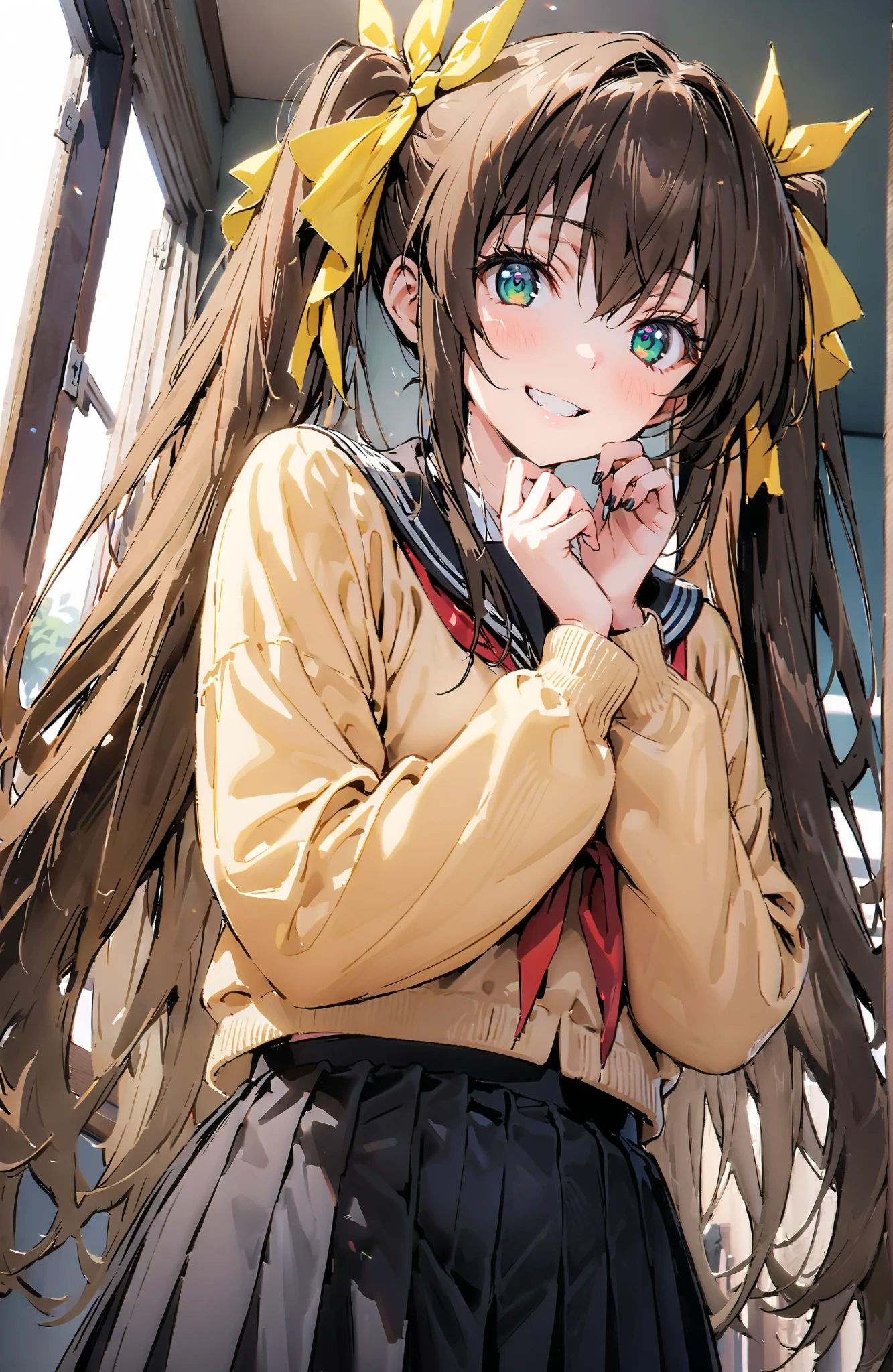Spiritual Hidden Yellow, Huang Lingyin,  long hair,  brown hair,Alone, ribbon,  twin tails,  green eyes , hair ribbon, tooth, double teeth, grin , yellow cardigan ,Black sailor suit, Long Sleeve, black mini pleated skirt ,black string panties, Black Thigh High Socks , loafers,風に揺れる long hair，Clothes are also swaying in the wind , angle from below with clothes on, and my arms are crossed, standing,Bossy,smile, and their mouths are wide open,whole bodyがイラストに入るように,                                                               break indoors, classroom,
break looking at viewer,whole body,
break ( Masterpiece:1.2), best quality , kampala, Unity 8K Wallpaper ,(shape:0.8),(  fine, beautiful eyes  :1.6),It's a person ,whole body写真,CG Details , ( perfect hands, complete anatomy),