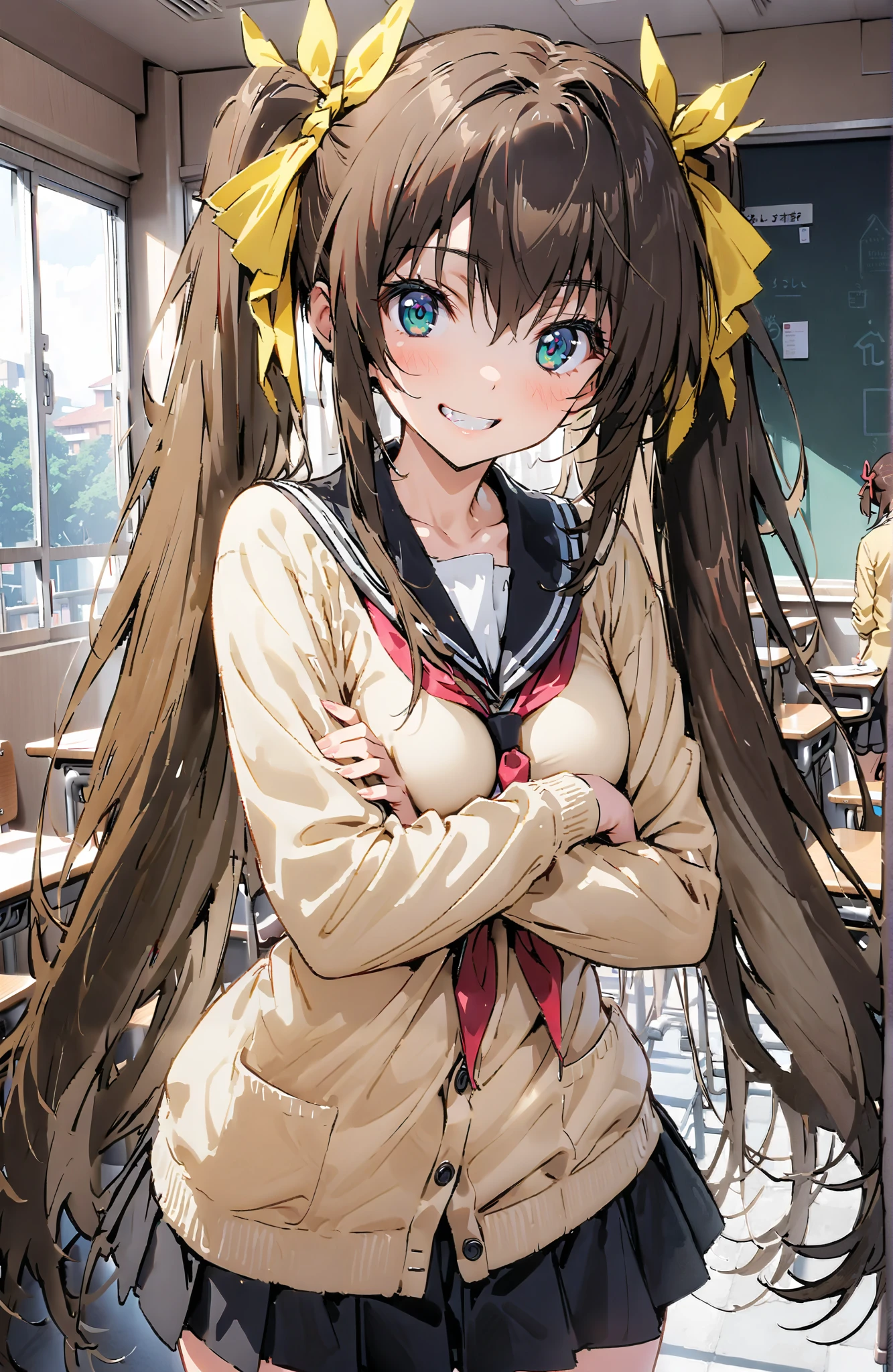 Spiritual Hidden Yellow, Huang Lingyin, long hair, brown hair,Alone, ribbon, twin tails, green eyes , hair ribbon, tooth, double teeth, grin , yellow cardigan ,Black sailor suit, Long Sleeve, black mini pleated skirt ,black string panties, Black Thigh High Socks , loafers,風に揺れる long hair,Clothes are also swaying in the wind , angle from below with clothes on, and my arms are crossed, standing,Bossy,smile, and their mouths are wide open,whole bodyがイラストに入るように, break indoors, classroom,
break looking at viewer,whole body,
break ( Masterpiece:1.2), best quality , kampala, Unity 8K Wallpaper ,(shape:0.8),( fine, beautiful eyes :1.6),It's a person ,whole body写真,CG Details , ( perfect hands, complete anatomy),