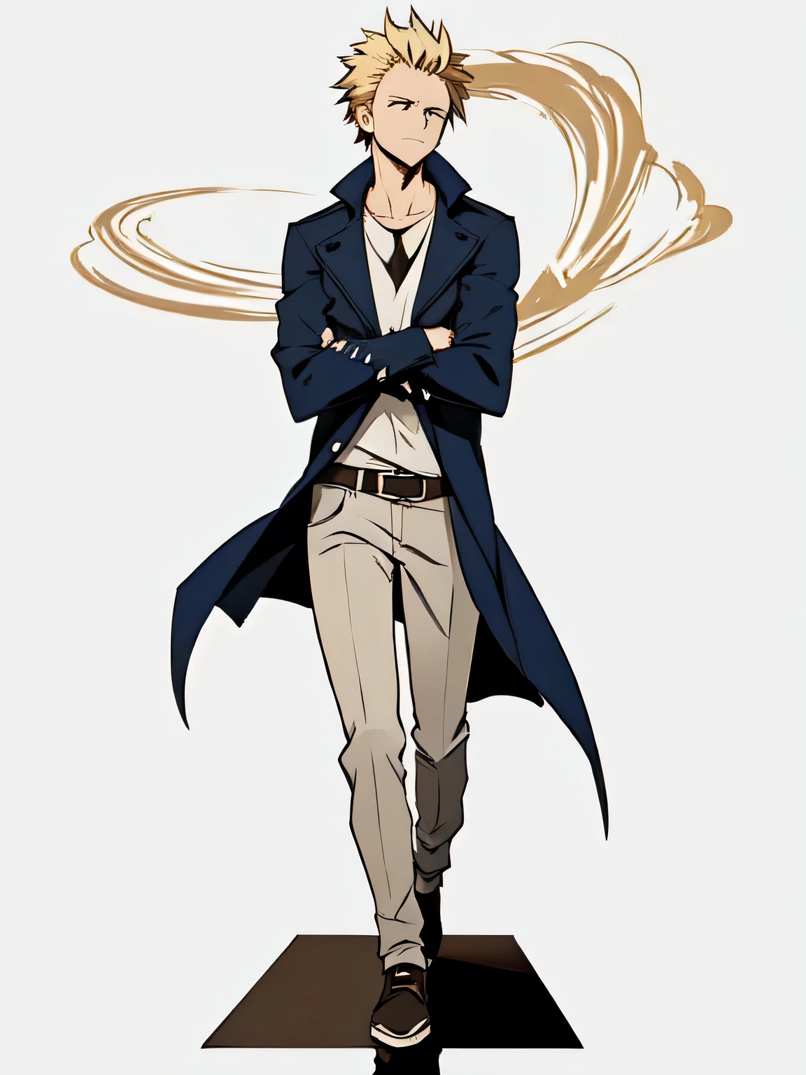 "A tall man, approximately 180 cm in height, with spiky blonde hair that gives him a rebellious look. He wears casual clothing that balances comfort and style, reflecting a laid-back personality. His expression is neutral or slightly confident. The scene is set against a white background, emphasizing his silhouette and defining features."