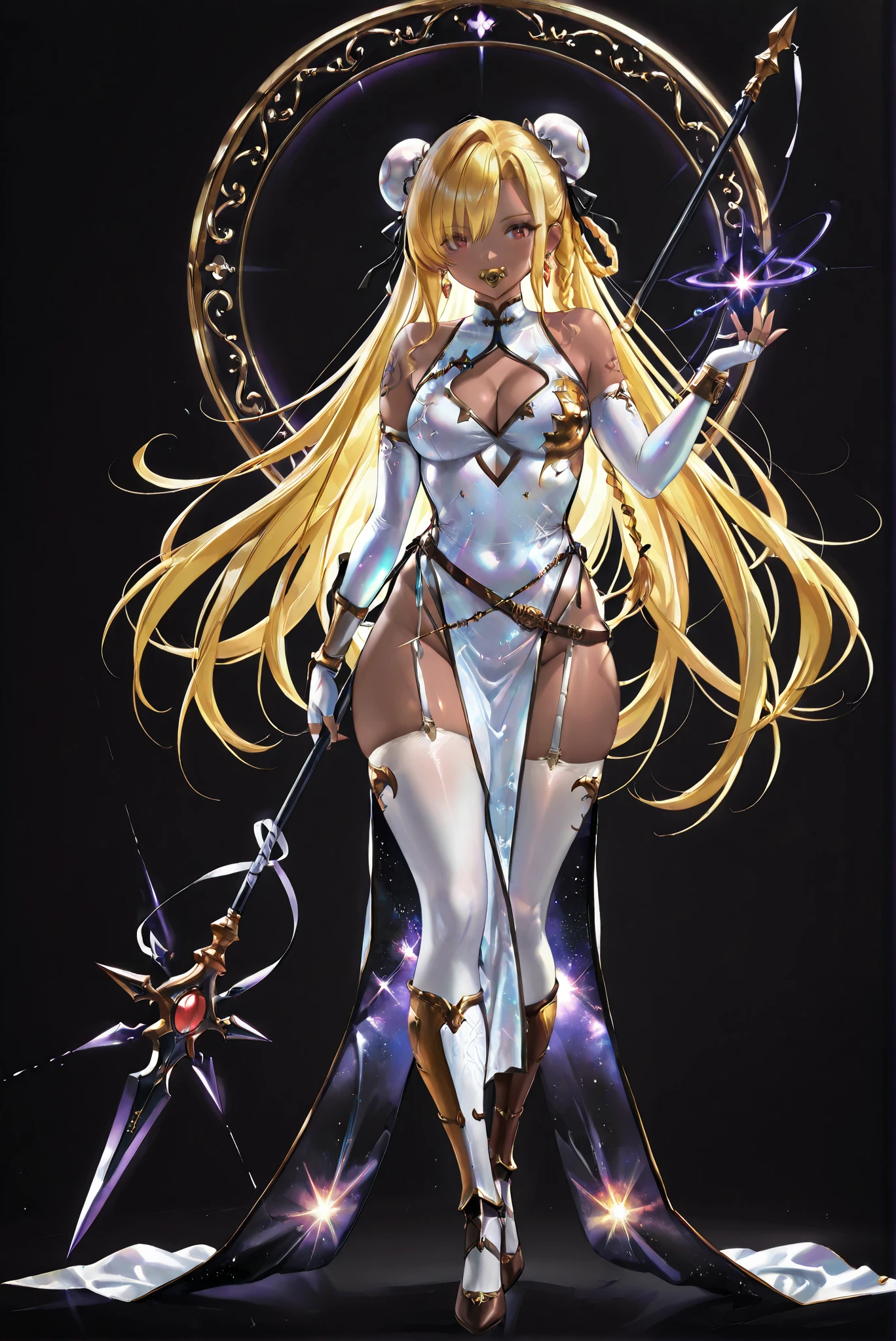 of_HARP, cosplay, chest armor, clothing cutout, belt, bracers, leg armor, brown footwear, highleg leotard, armor, bare shoulders, fingerless gloves, bracers,jewelry, earrings,weapon, spear, holding weapon,white china dress,chinese clothes,clothing cutout,garter straps,elbow gloves,see-through,bare shoulders,pelvic curtain,cleavage cutout,white thighhighs,double bun, bun cover,ribbon,pelvic curtain,white high heels,
( stands,whole body, high heels, front view,Standing picture:1.7),HoleHeels,oval/Circle/Thorn/Horn Heels,, Limited Color Palette , Black Background ,Colorful, vivid colors ,Flashing silhouette ,neon,black light ,watch, Masterpiece, very beautiful ,, shiny skin, white dress, backless dress, golden ornaments, arm tattoo, , Granblue_ fantasy, Helel_Ben_Shalem, dark skin, Blonde, long hair, braid, red eyes, pacifier,galaxy dress,galaxy dress