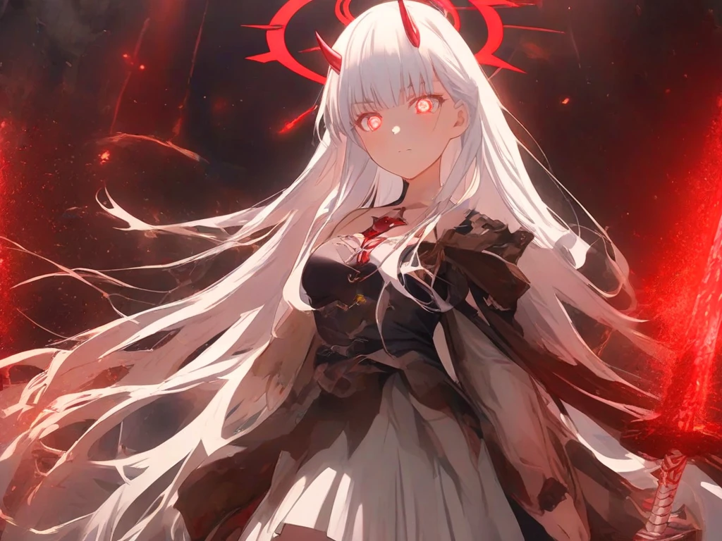 a woman in a white dress and black cape holding a sword, anime style like fate/stay night, with red glowing eyes, demon anime girl, gapmoe yandere grimdark, with glowing red eyes, zero two, with a red halo over her head, gapmoe yandere, white haired deity, female anime character, anime visual of a cute girl