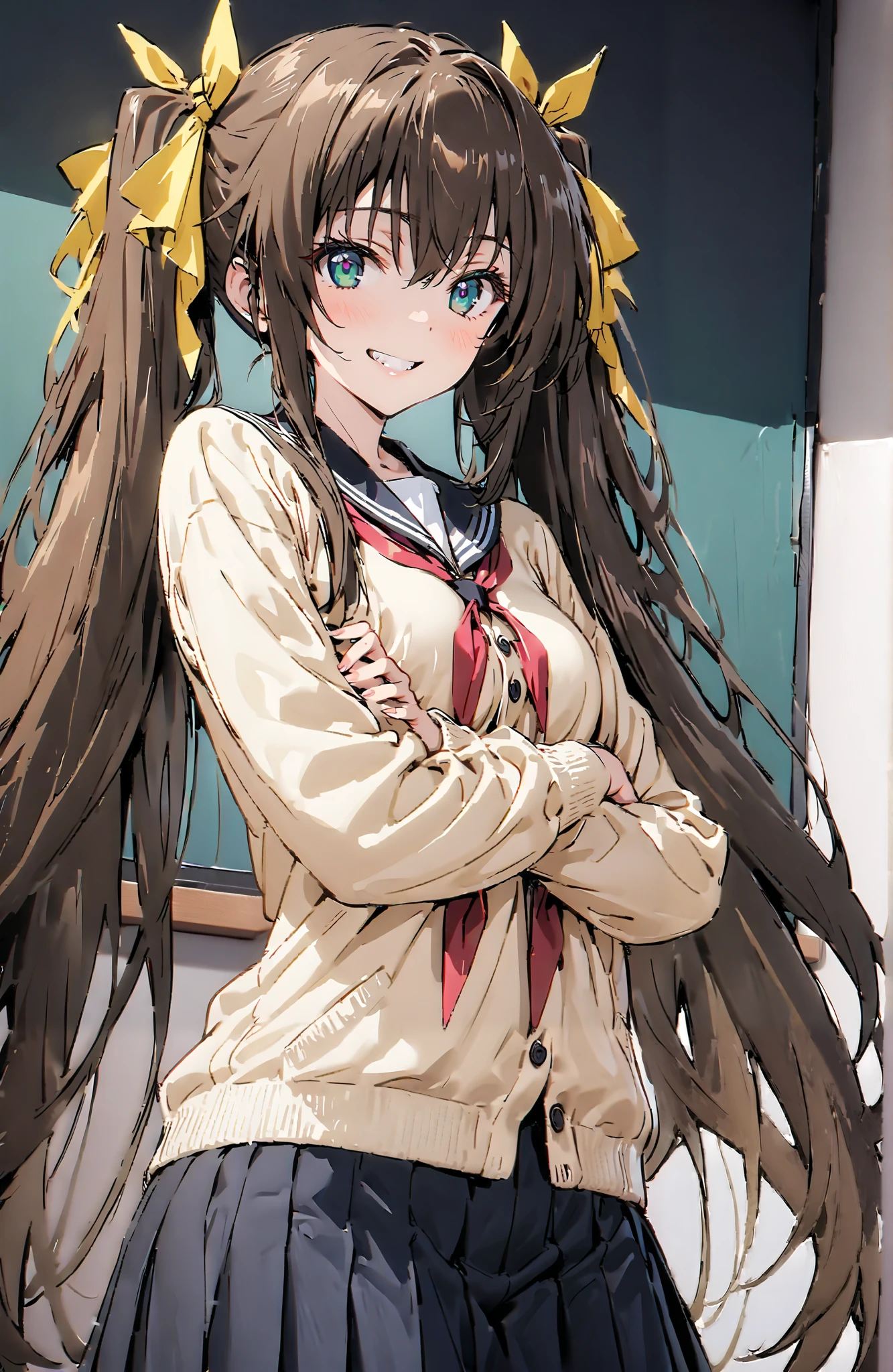 Spiritual Hidden Yellow, Huang Lingyin, long hair, brown hair,Alone, ribbon, twin tails, green eyes , hair ribbon, tooth, double teeth, grin , yellow cardigan ,Black sailor suit, Long Sleeve, black mini pleated skirt , Panties,ブラック Pantiesストッキング, loafers,風に揺れる long hair,Clothes are also swaying in the wind , and my arms are crossed, standing,Bossy,smile, and their mouths are wide open,whole bodyがイラストに入るように, break indoors, classroom,
break looking at viewer,whole body,
break ( Masterpiece:1.2), best quality , kampala, Unity 8K Wallpaper ,(shape:0.8),( fine, beautiful eyes :1.6),It's a person ,whole body写真,CG Details , ( perfect hands, complete anatomy),