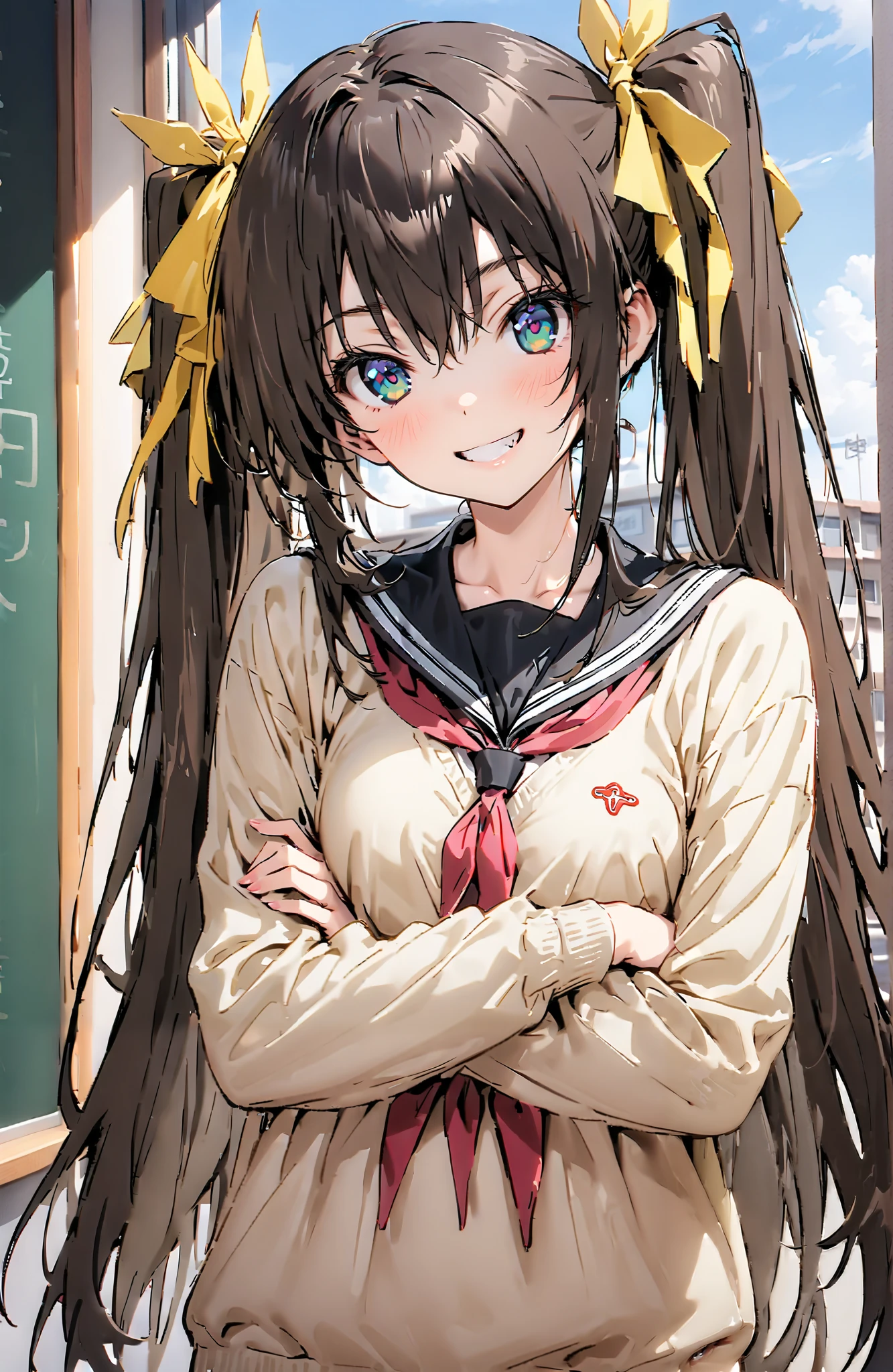 Spiritual Hidden Yellow, Huang Lingyin, long hair, brown hair,Alone, ribbon, twin tails, green eyes , hair ribbon, tooth, double teeth, grin , yellow cardigan ,Black sailor suit, Long Sleeve, black mini pleated skirt , Panties,ブラック Pantiesストッキング, loafers,風に揺れる long hair,Clothes are also swaying in the wind , and my arms are crossed, standing,Bossy,smile, and their mouths are wide open,whole bodyがイラストに入るように, break indoors, classroom,
break looking at viewer,whole body,
break ( Masterpiece:1.2), best quality , kampala, Unity 8K Wallpaper ,(shape:0.8),( fine, beautiful eyes :1.6),It's a person ,whole body写真,CG Details , ( perfect hands, complete anatomy),