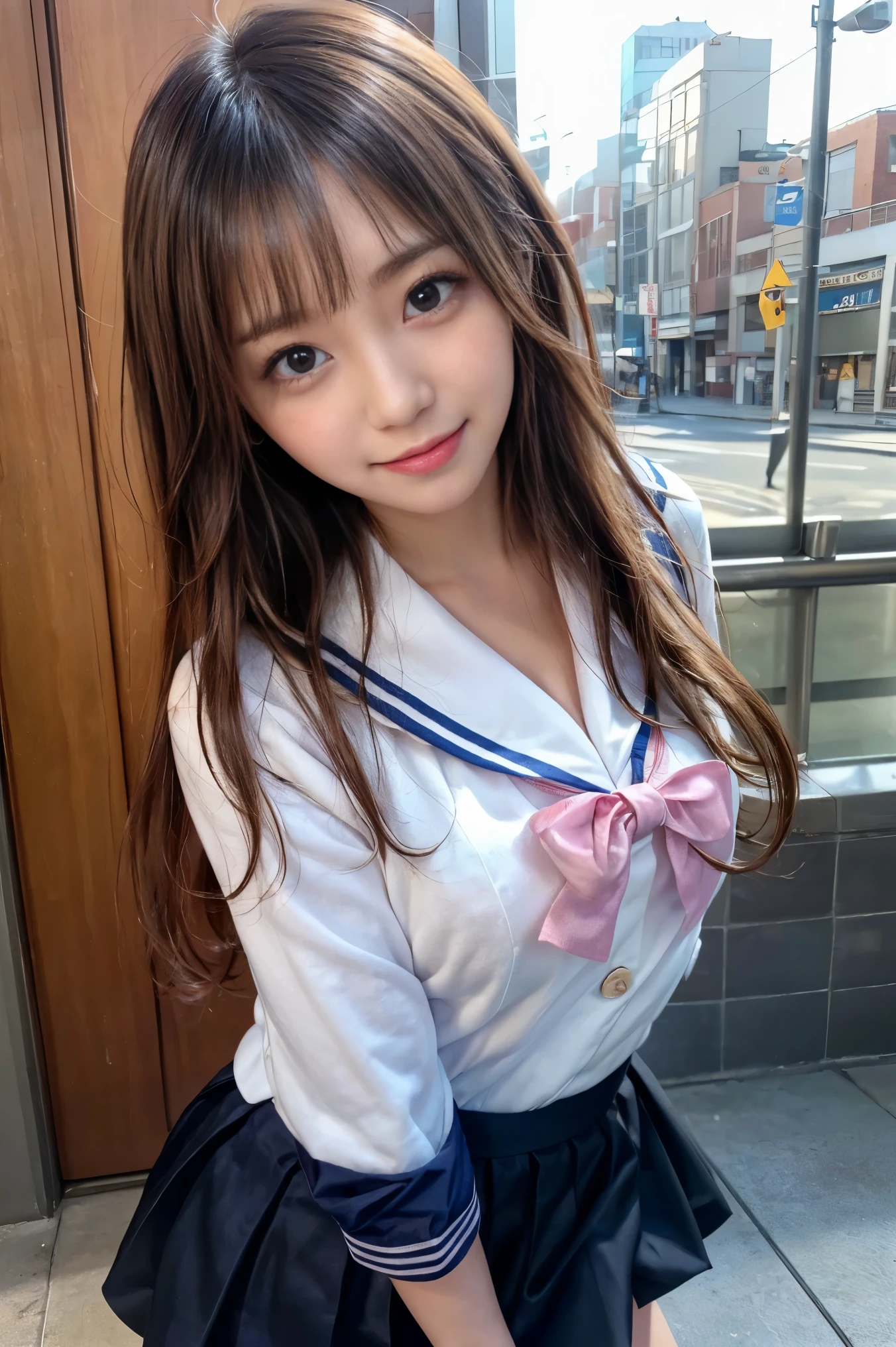 (High quality, photorealistic, face to foot view, low angle) Childish face. Cute middle school girl with beautifully detailed eyes and lips, long eyelashes, Asian look. Childish face. She has a childish face and large breasts. She is sitting in a school classroom, looking at us with her eyes looking upwards. Sunlight gently shines on her face, casting warm shadows. She wears a crisp white blouse, pleated skirt and knee-high socks.