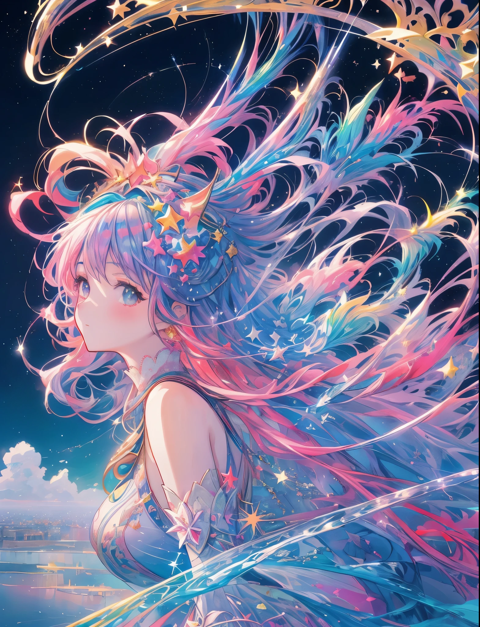 (masterpiece, Highest quality, Highest quality,watercolor (Moderate),Official Art, beautifully、beautiful:1.2),(1 Girl:1.3), (Fractal Art:1.3),Upper Body, From the side, Looking at the audience,pattern,(Rainbow Hair,colorful hair,Half blue、Half pink hair:1.2),water,liquid, cloud,colorful, Starry Sky,performer,